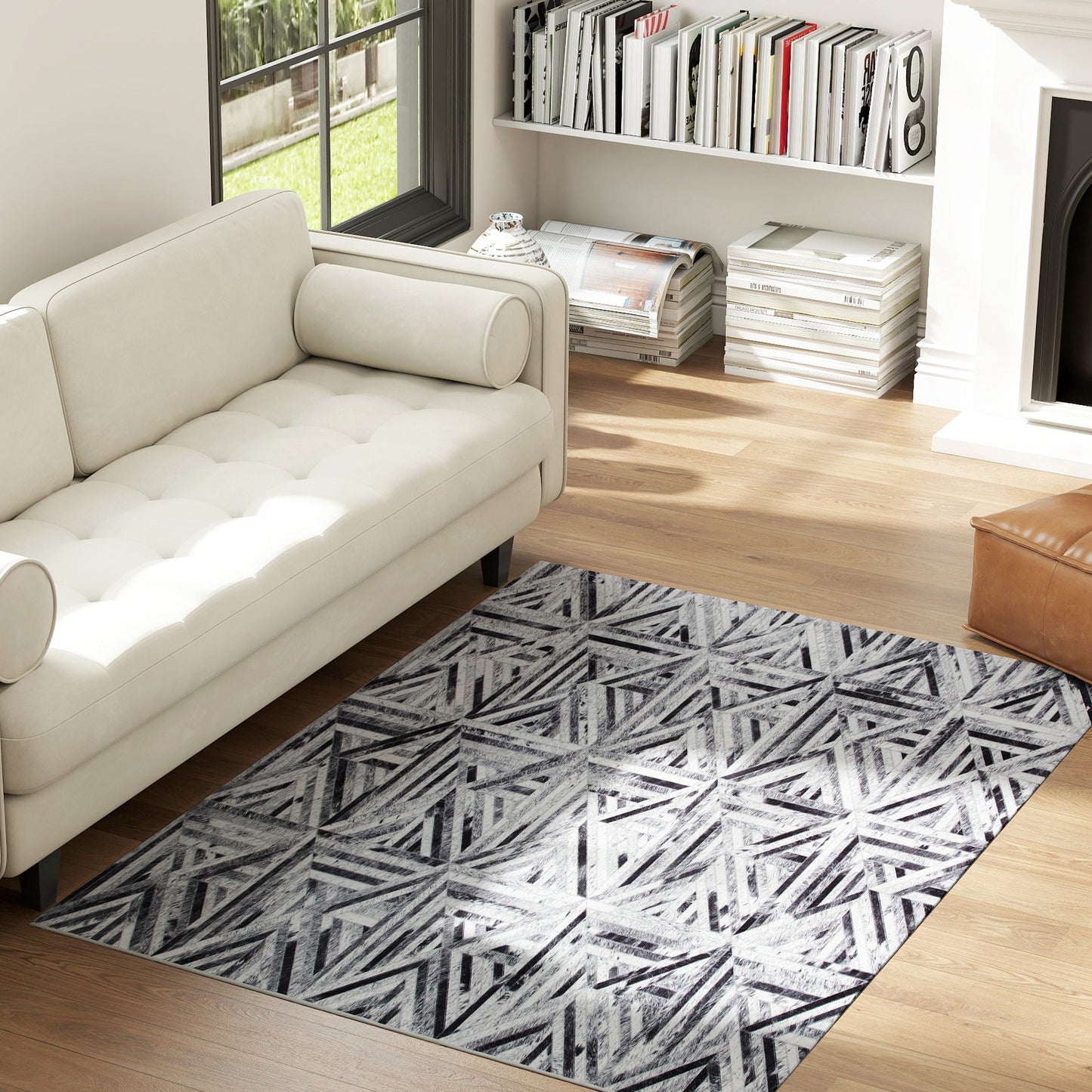 HOMCOM Modern Area Rug Triangle Pattern Non Slip Washable Chenille Floor Carpet For Living Room Black 170 By 120 Cm