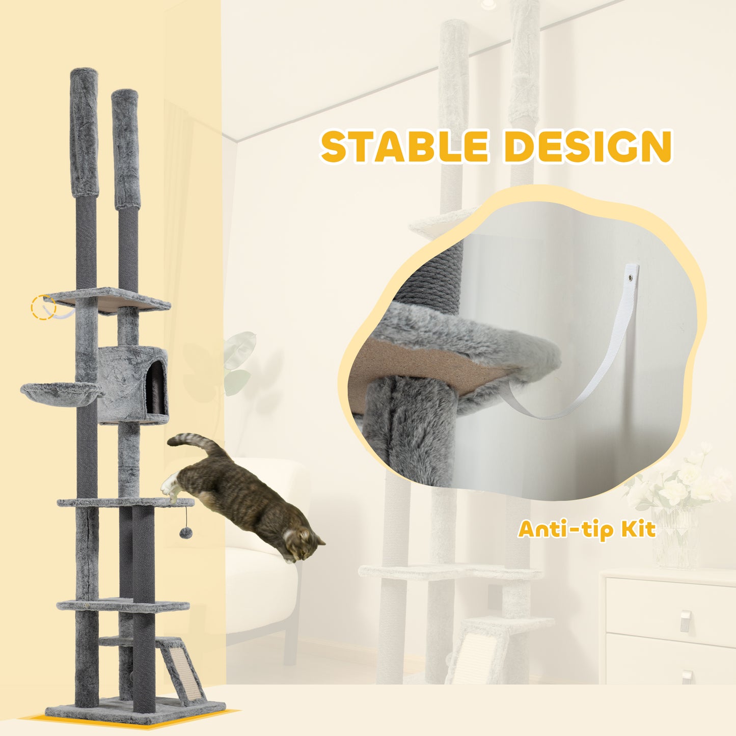 PawHut Adjustable Height Cat Tower with Scratching Posts, Condo, and Ramp - Floor-to-Ceiling Design