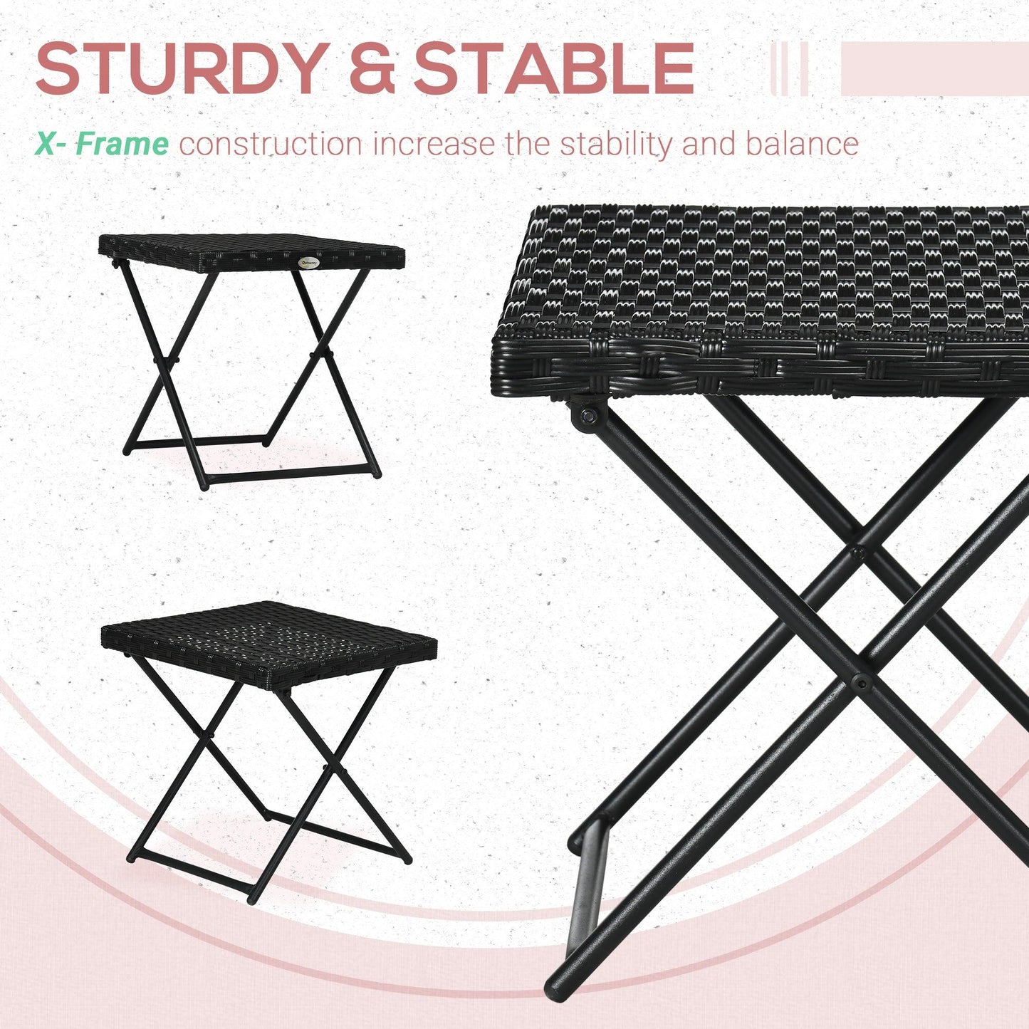 Outsunny Folding Square Rattan Coffee Table w/ Steel Frame Bistro Garden Black - ALL4U RETAILER LTD