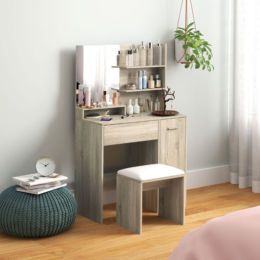 HOMCOM Dressing Table And Stool Set With Storage Mirror Drawer And Cupboard With Wood Effect Finish