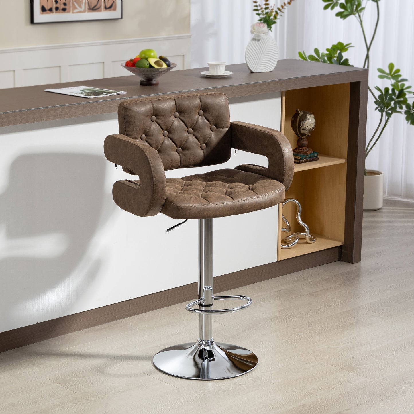 HOMCOM PU Leather Upholstered Swivel Bar Stool Height Adjustable Back Armrest Footrest Coffee