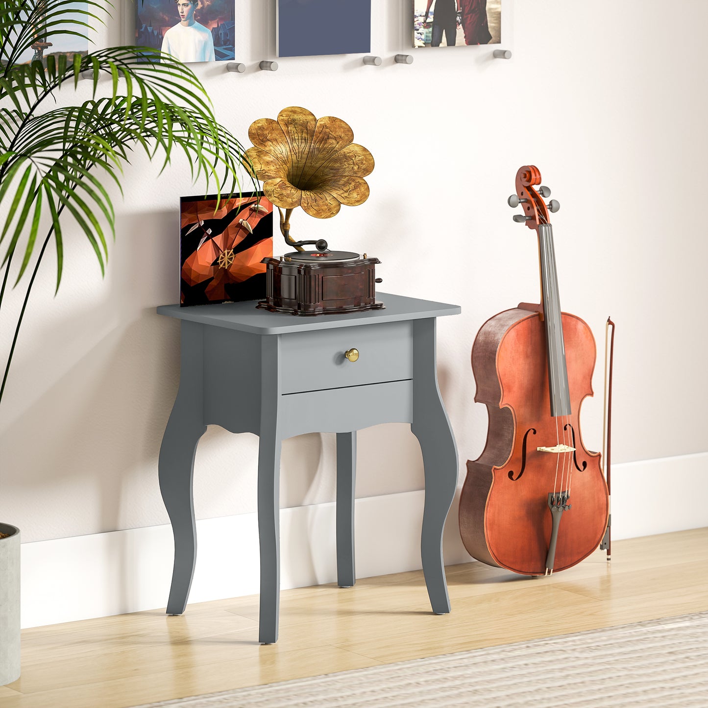 HOMCOM French Style Side Table With Drawer In Grey Curved Silhouette Gold Tone Handle MDF