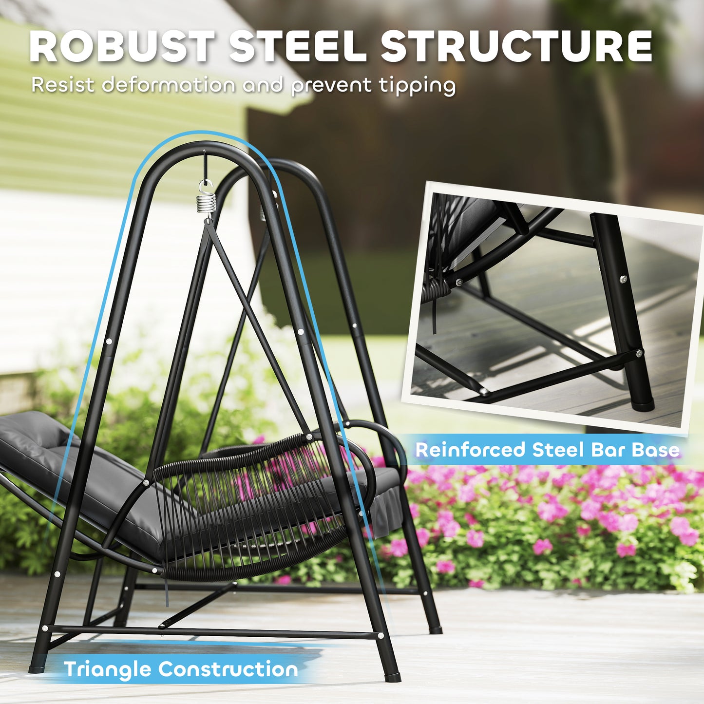 Outsunny Rattan Hanging Swing Chair With Stand And Seat Cushion For Outdoor Balcony Garden Deck Dark Grey