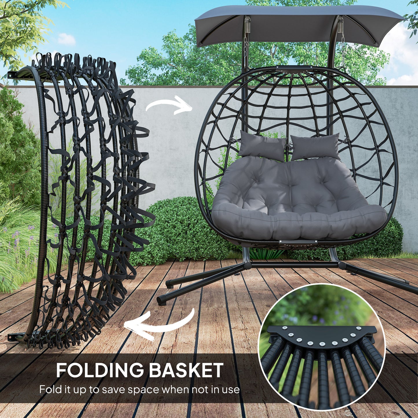 Outsunny Double Rattan Egg Chair With Canopy Powder Coated Steel Frame For Outdoor Garden Patio Two Seater Black