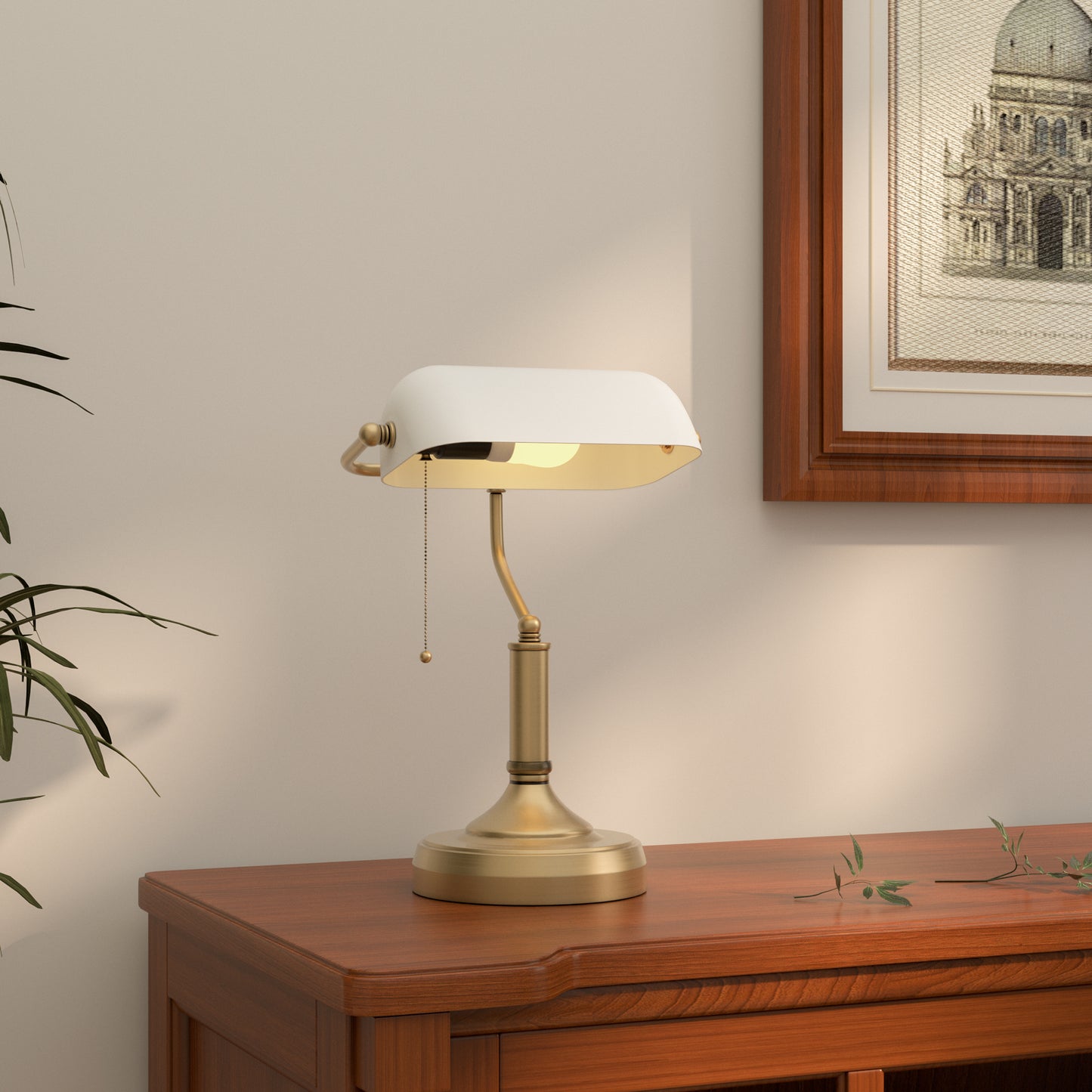 HOMCOM Vintage-Inspired Antique Bronze Banker’s Desk Lamp with White Glass Shade for Home Office - ALL4U RETAILER LTD