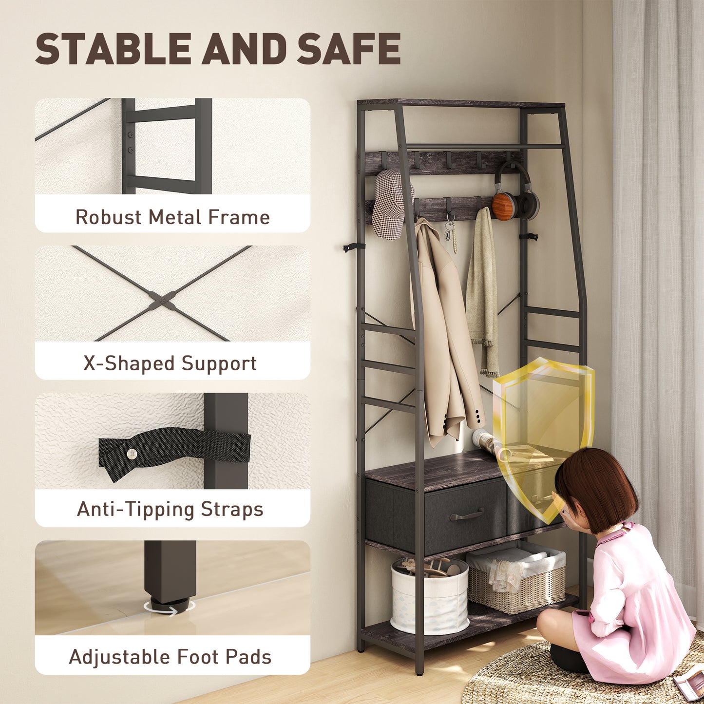 HOMCOM Hall Tree Coat Rack With Shoe Storage And Bench Industrial Organizer 10 Removable Hooks 2 Fabric Drawers Grey