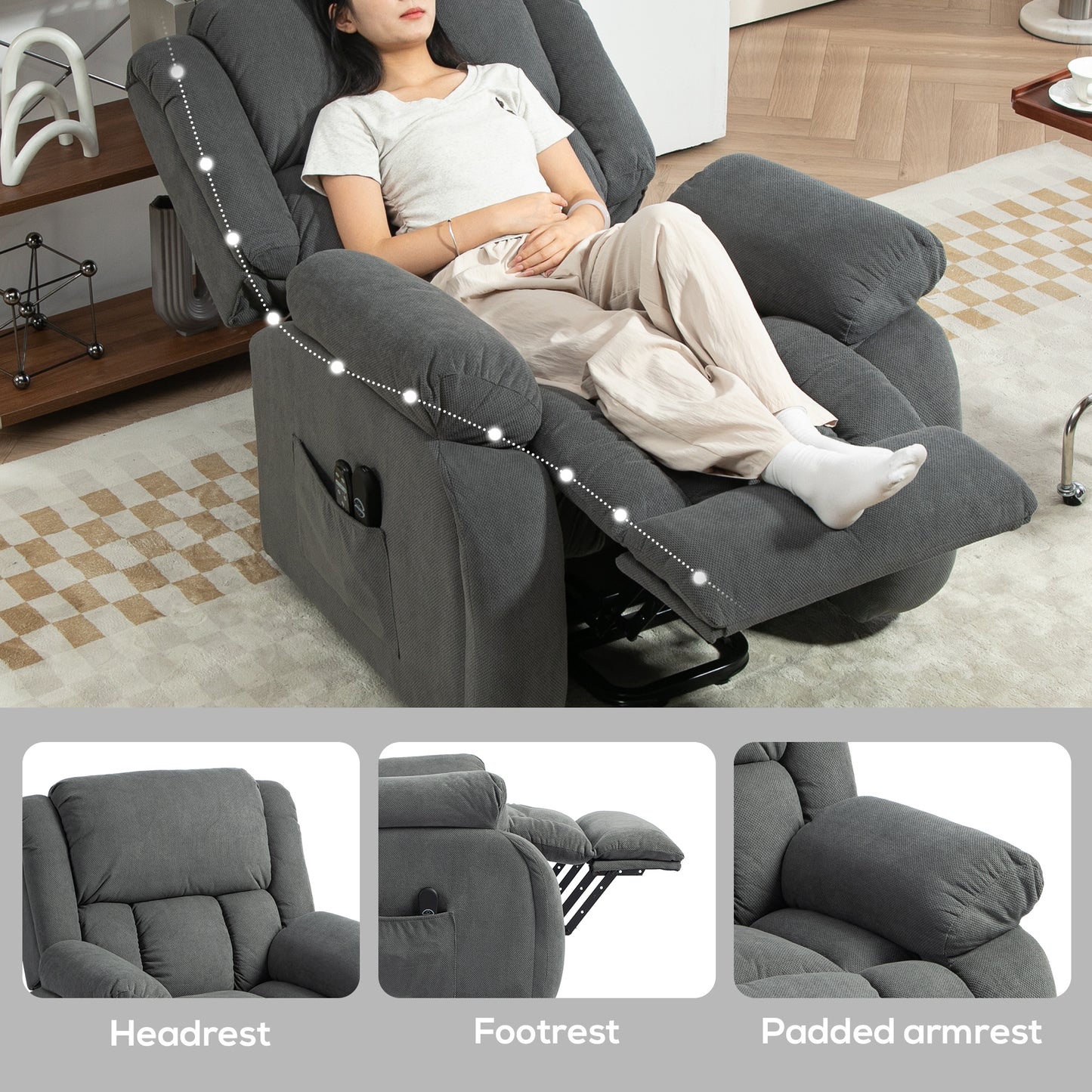 HOMCOM Electric Recliner Armchair Lift Chair With Vibration Massage And Heat USB Port Grey Wide Seat