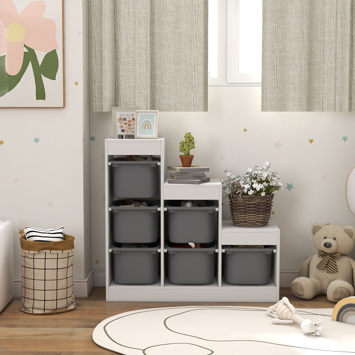 AIYAPLAY Three Layer Toy Storage Organizer With Removable Bins For Kids Ages 3 To 8 Grey