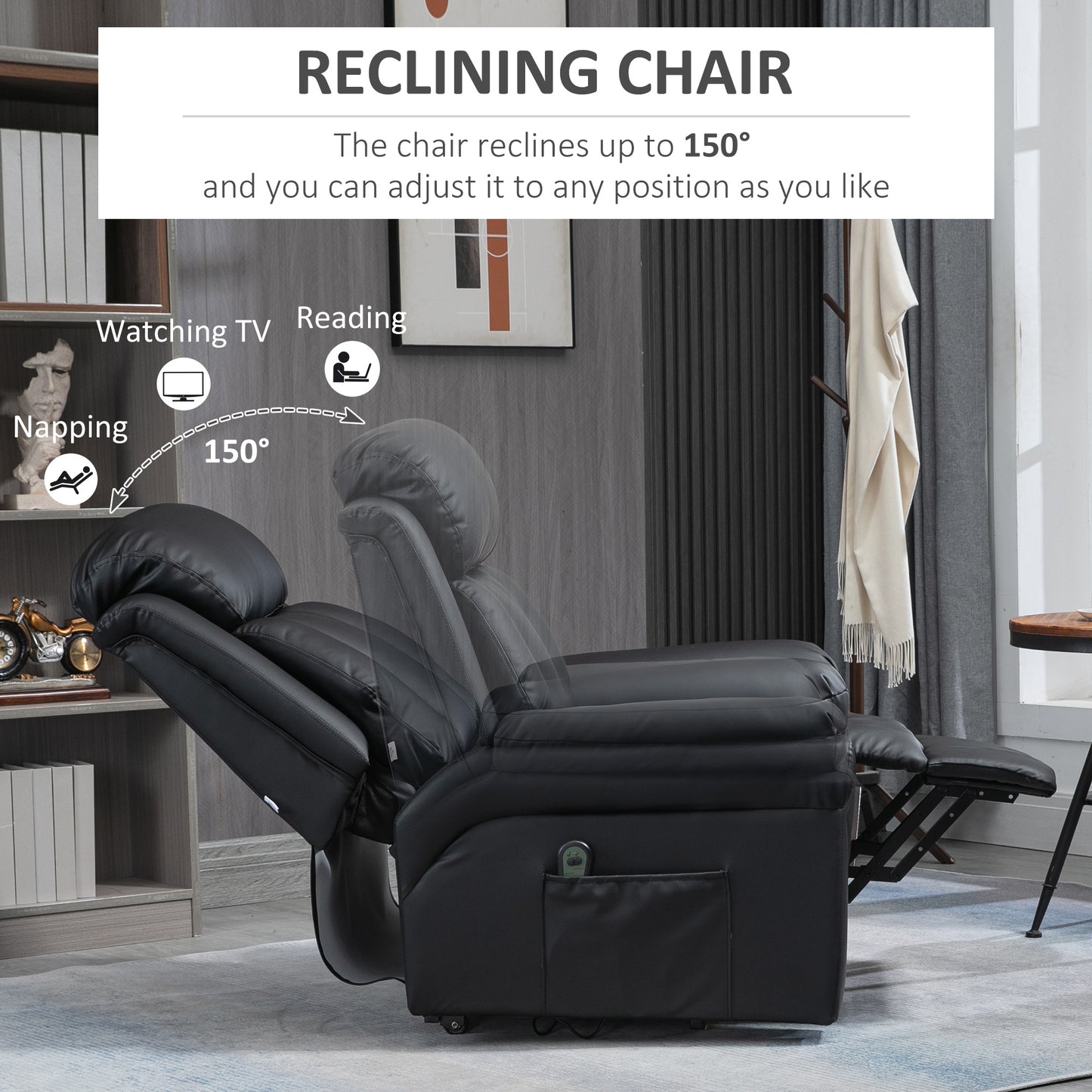 HOMCOM Power Lift Chair Recliner for Elderly Electric Recliner Overstuffed Faux Leather with Remote and Side Pockets