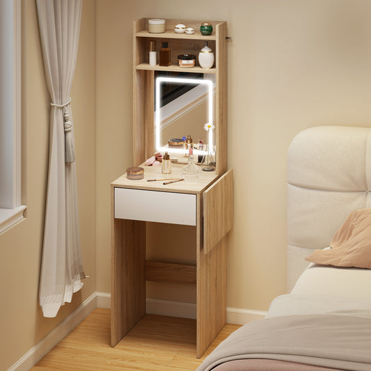 HOMCOM Small Vanity Desk With Mirror And Led Lights Compact Dressing Table With Drop Leaf Open Shelves Natural Wood
