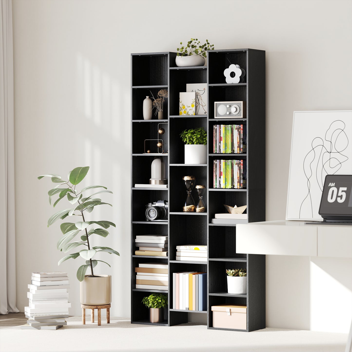 HOMCOM 21 Compartment Tall Bookshelf with Adjustable Shelves Black Finish for Living Rooms