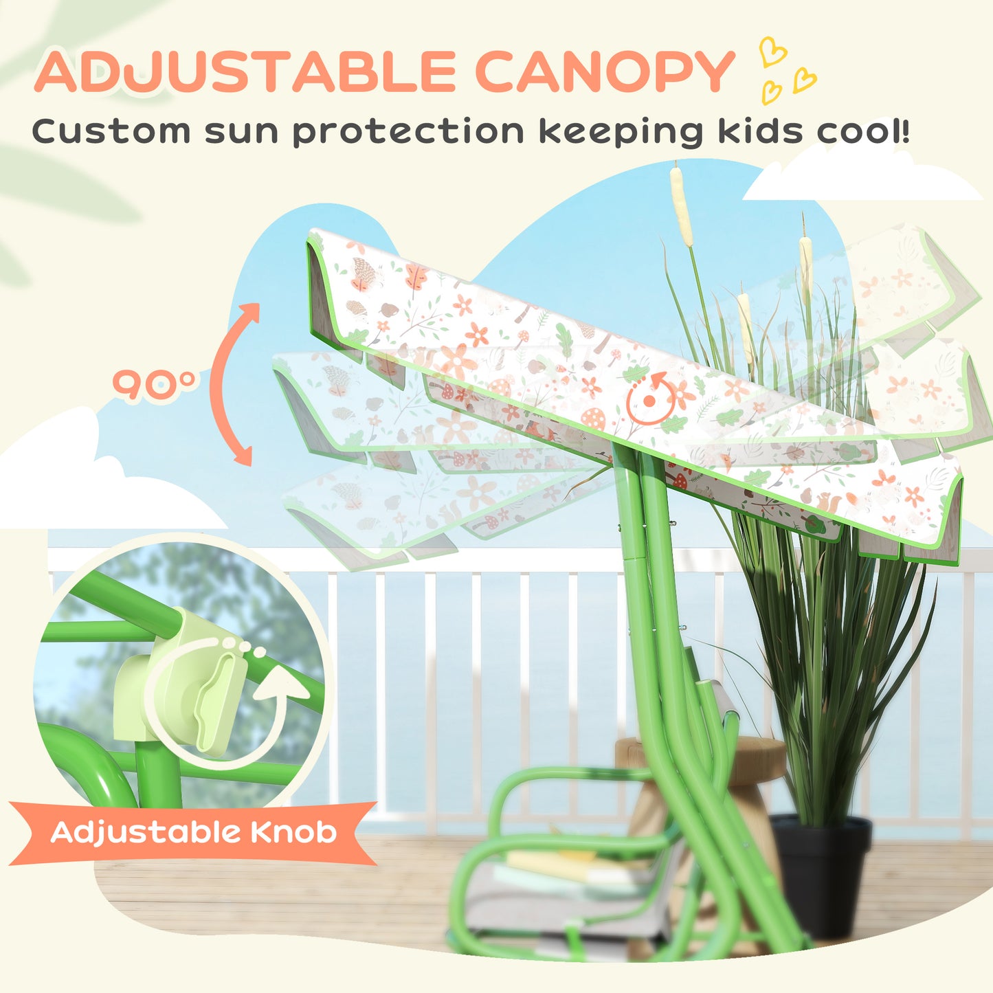 AIYAPLAY 2 Seater Kids Garden Hammock Swing Bench With Adjustable Canopy And Safety Belt For Patio Porch Green