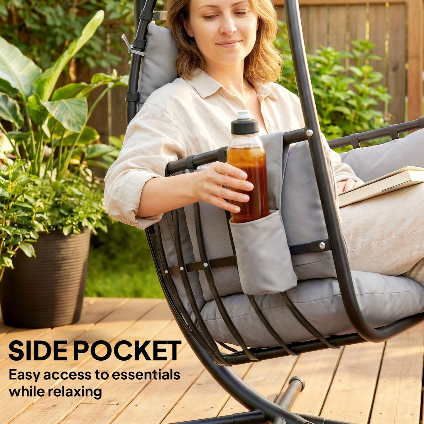 Outsunny Hanging Egg Chair With Stand For Indoor And Outdoor Use, Foldable Basket, Side Pocket, Dark Grey