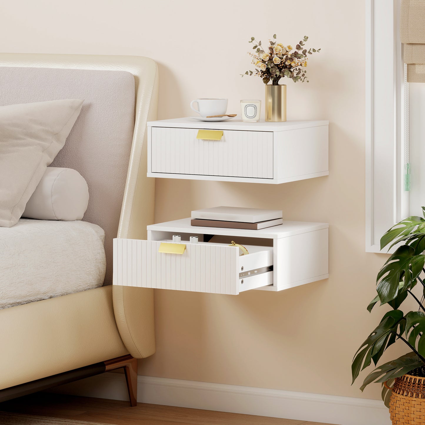 HOMCOM Floating Nightstands Set of 2 Wall Mounted Bedside Tables With Wave Drawer White Finish