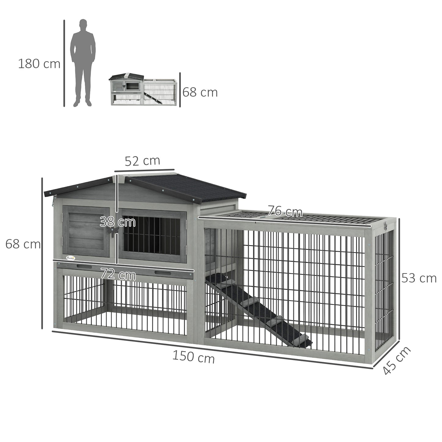 PawHut Elegant Grey Wooden Rabbit Hutch with Outdoor Run for Small Pets - ALL4U RETAILER LTD