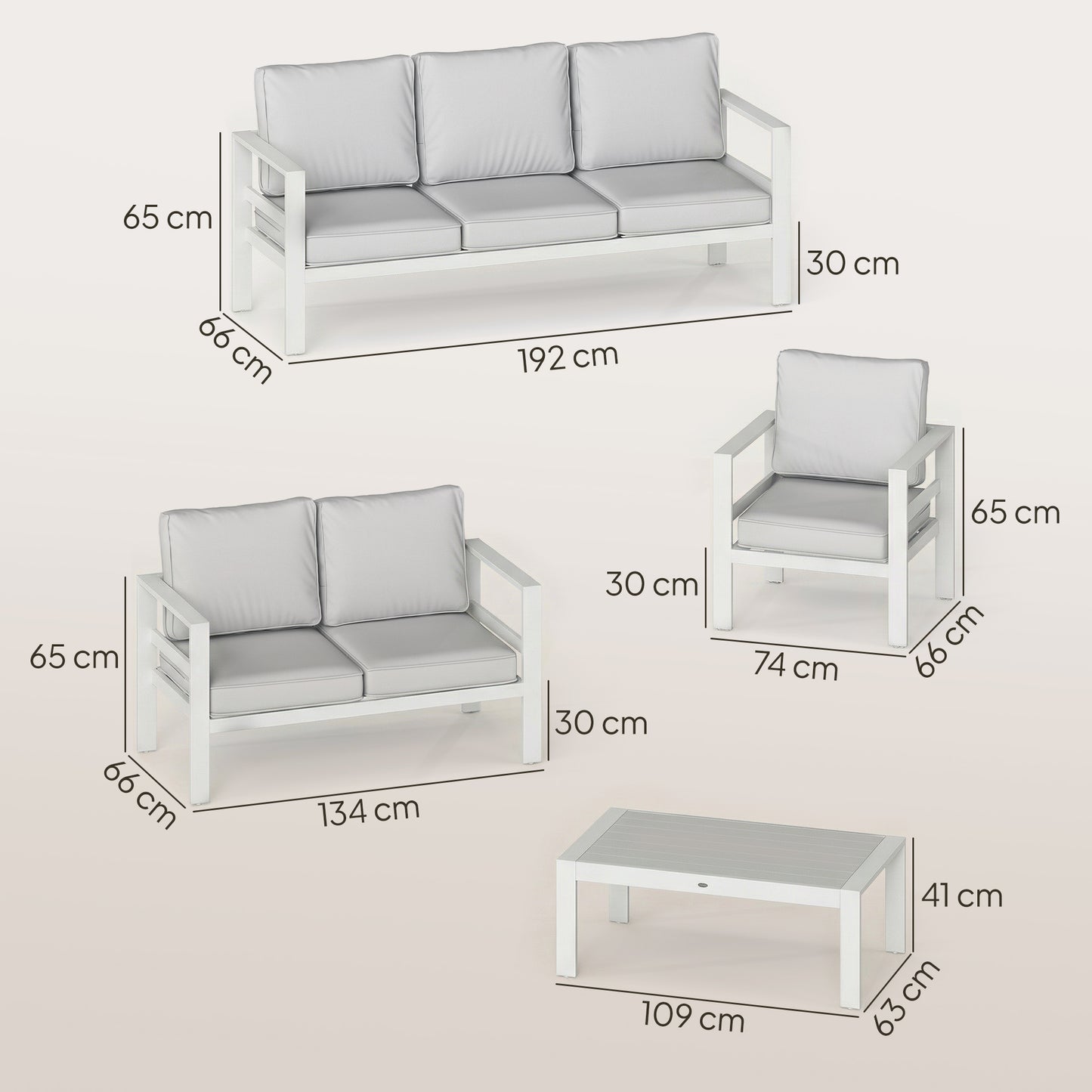 Outsunny 5 Piece Aluminium Garden Furniture Set With Olefin Cushions Extra Deep Outdoor Sofa White