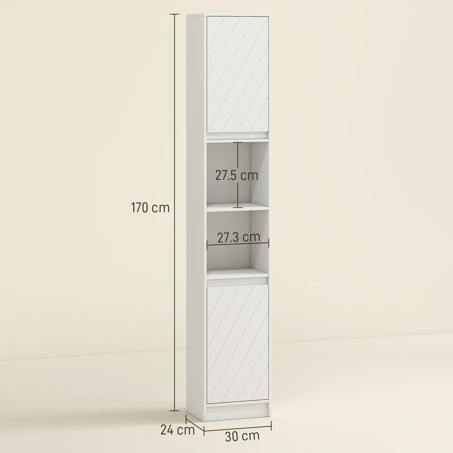 HOMCOM Narrow White Bathroom Cabinet Slim Storage Unit with Open Compartments and Adjustable Shelves 30 x 24 x 170 cm