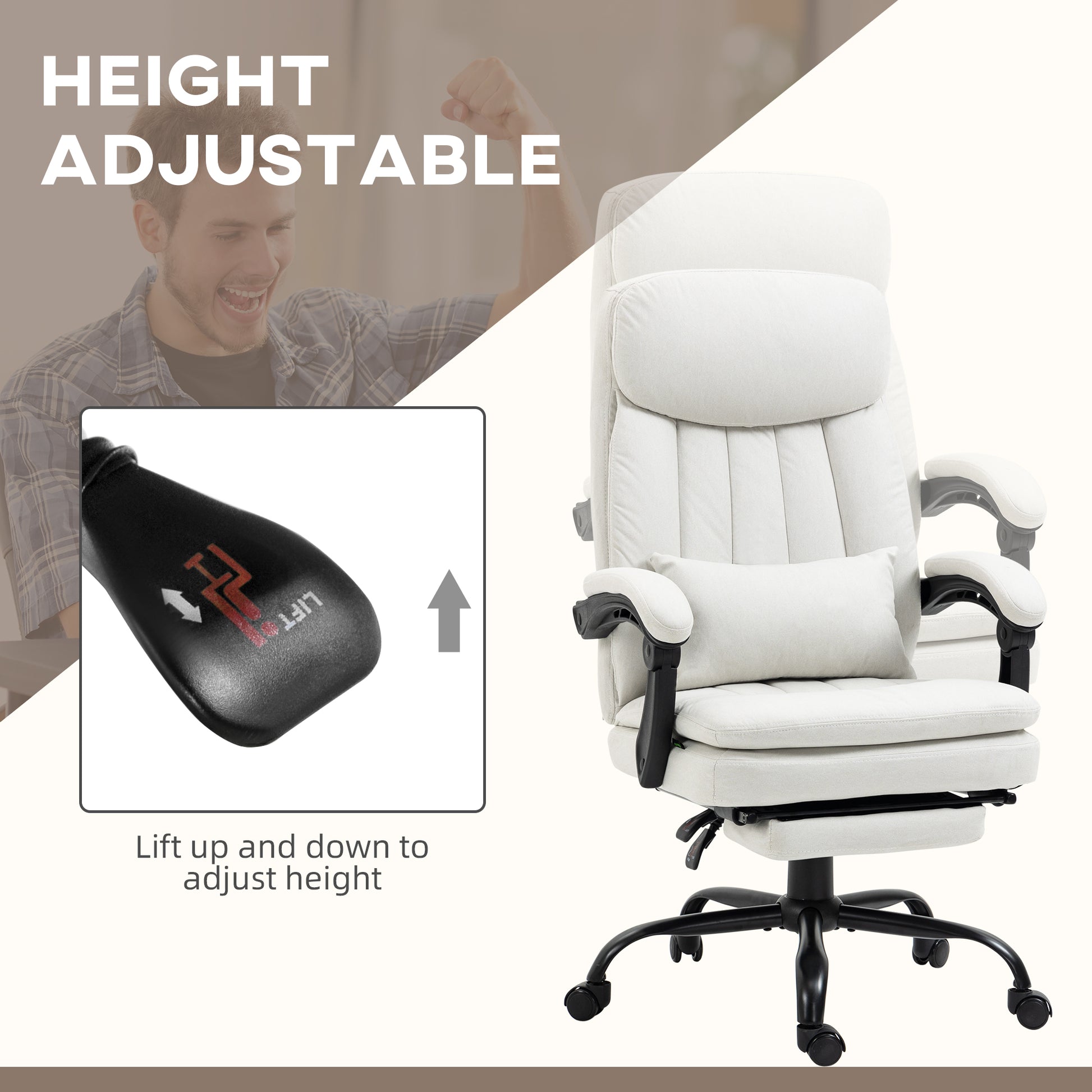 Vinsetto Cream White Vibration Massage Office Chair with Heat & Footrest, Reclining Back & Lumbar Support Pillow - ALL4U RETAILER LTD