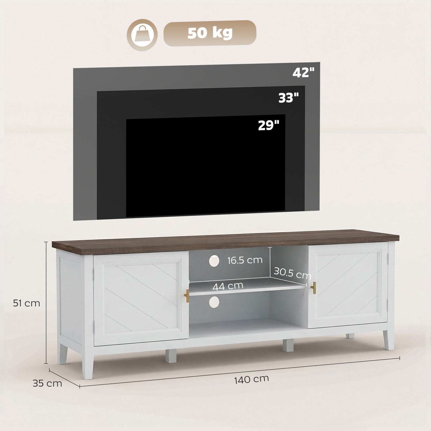 HOMCOM TV Stand For 42 Inch TVs Farmhouse Entertainment Centre With Two Cabinets And Open Shelves Thick Top