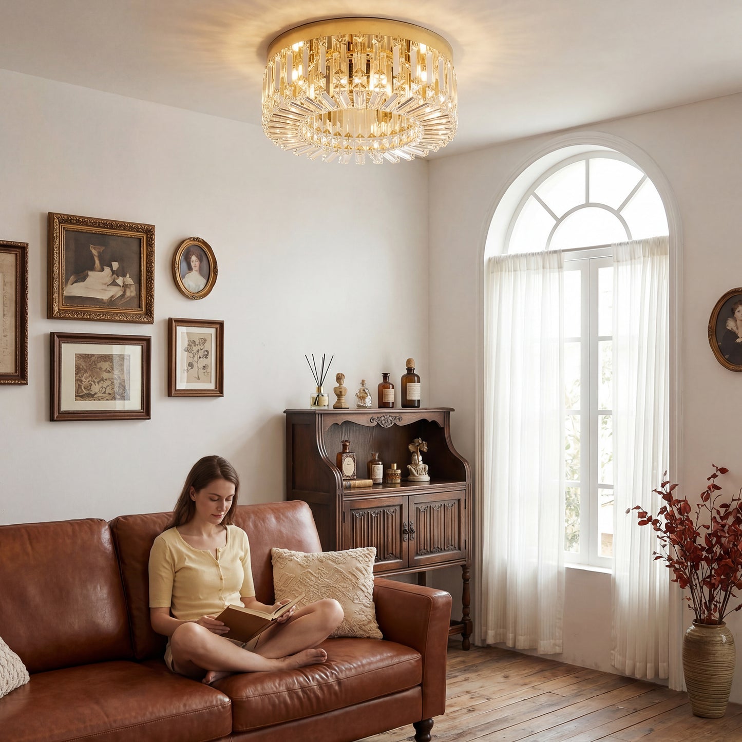 HOMCOM Crystal Chandelier With 160 Crystal Pendants 6 Light Gold Ceiling Fixture For Living Room Bedroom Dining Room