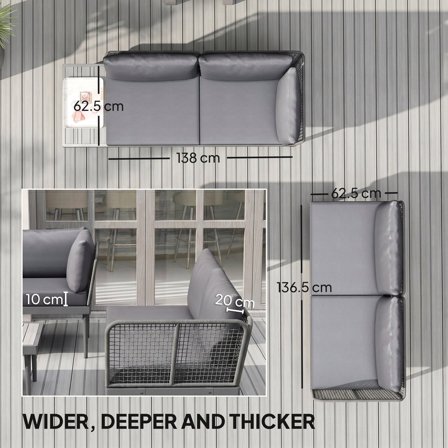 Outsunny Three Piece L Shaped Rattan Sofa Set Grey For Outdoor Patio With Two Loveseats And Long Coffee Table