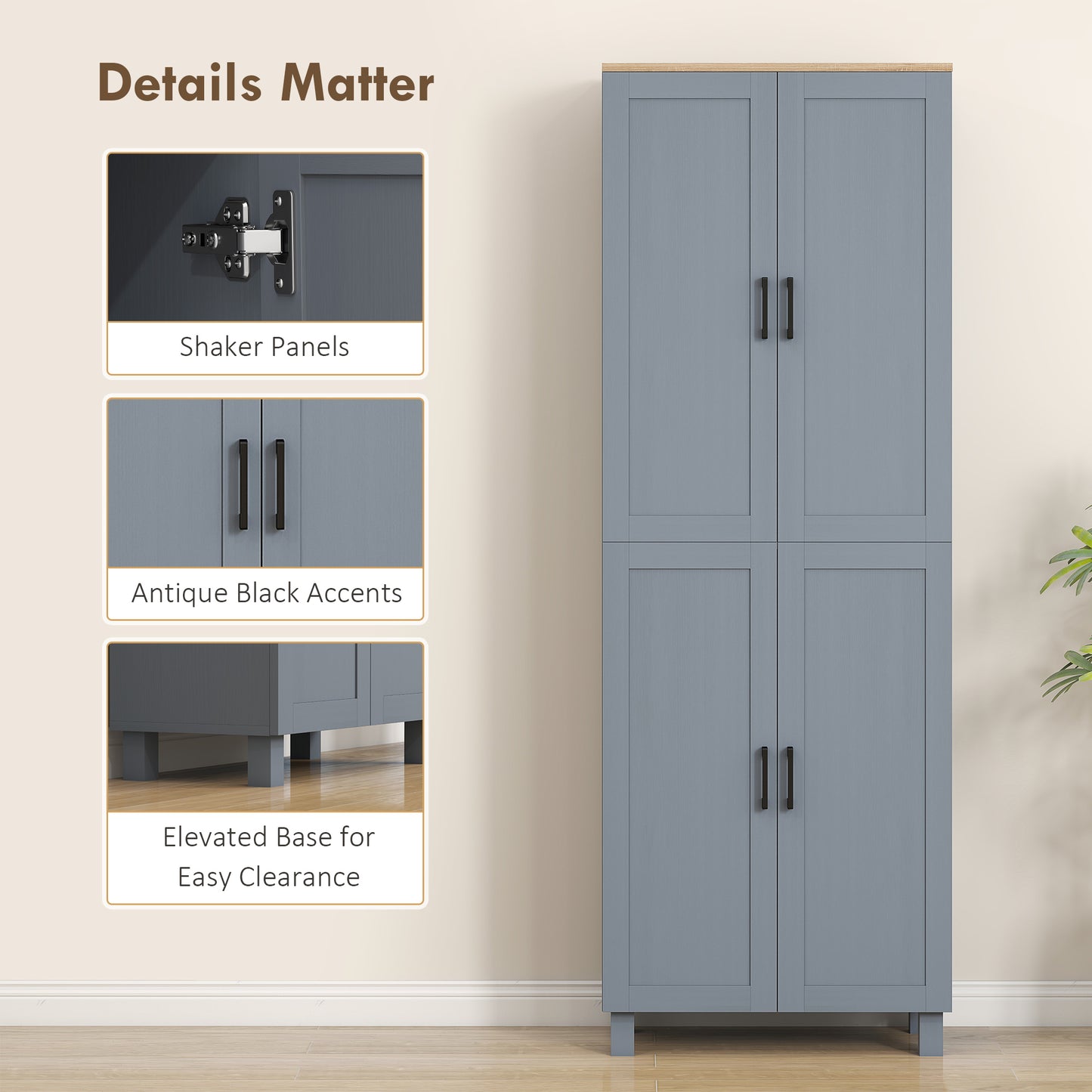 HOMCOM Freestanding Kitchen Cupboard 4-Door Storage Cabinet With Adjustable Shelves Grey Wood Effect 170cm Tall