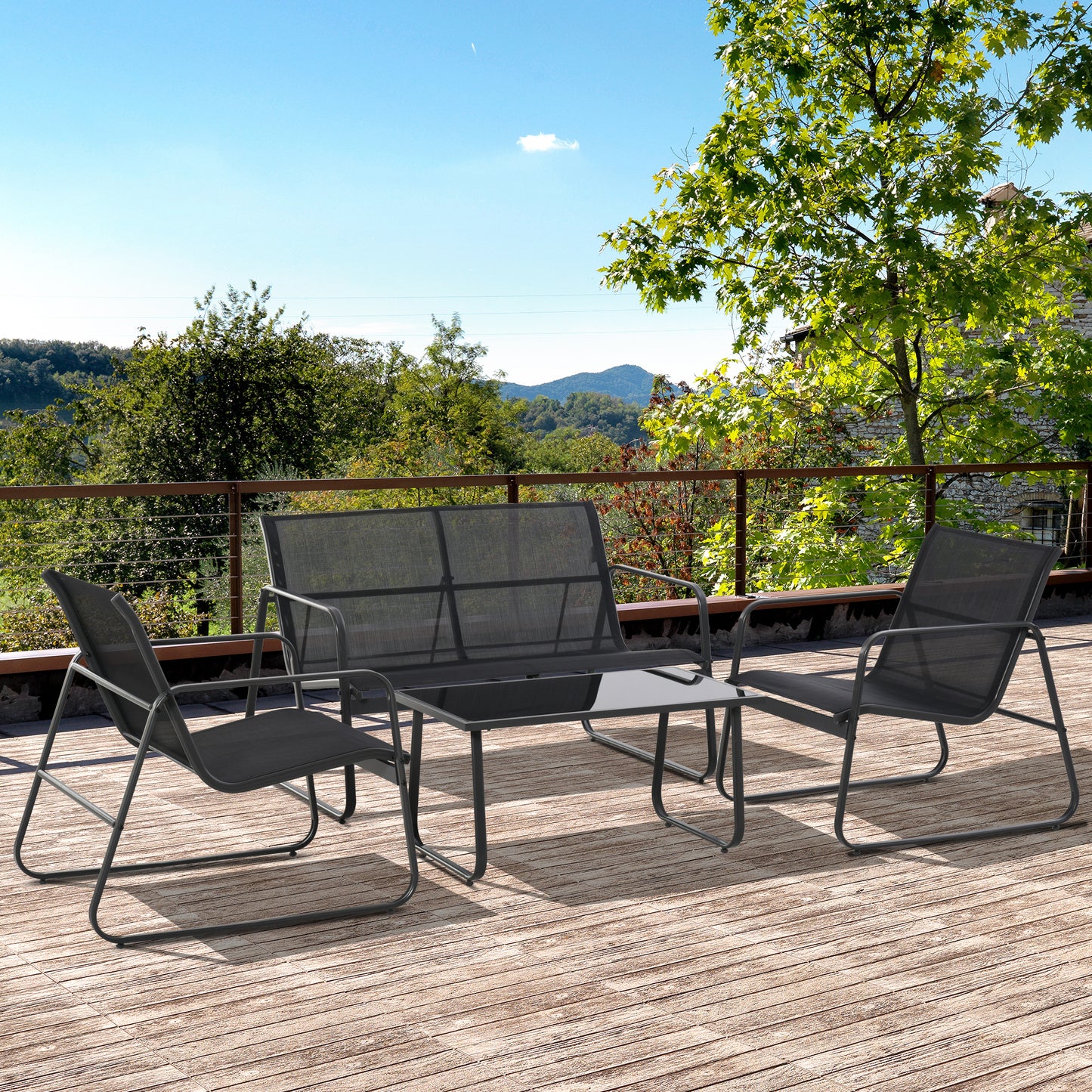 Outsunny Modern 4-Piece Outdoor Patio Sofa Set with Double and Single Chairs and Glass Top Table in Black - ALL4U RETAILER LTD