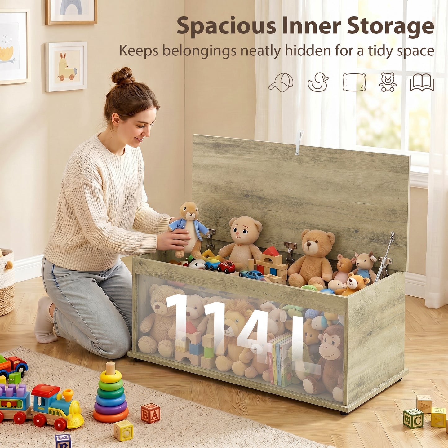 Homcom 114L Grey Wooden Storage Bench With Safety Lid For Bedroom
