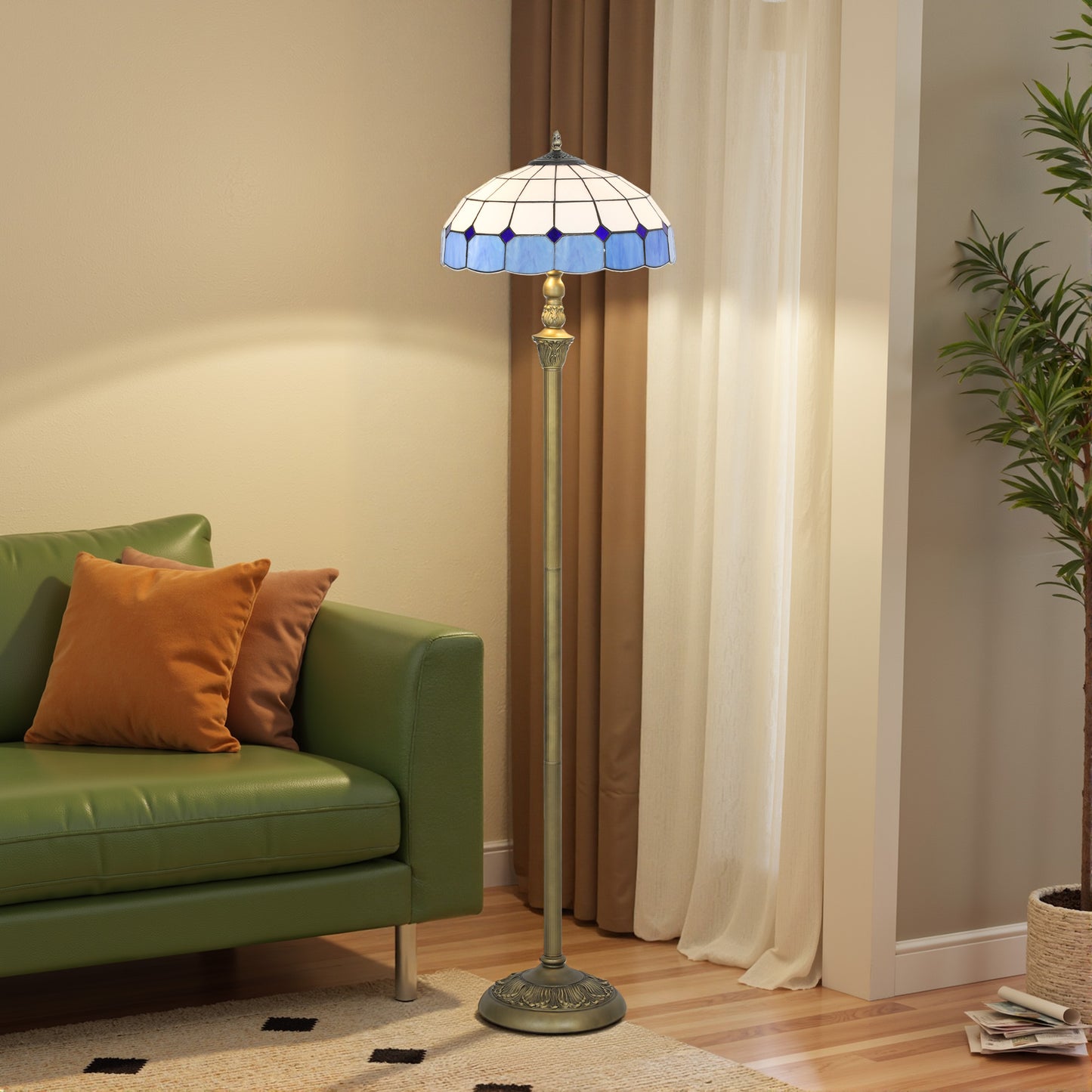 HOMCOM Tiffany Style Floor Lamp With Stained Glass Shade 152cm Tall Foot Switch Dual Sockets Bronze Blue Living Room