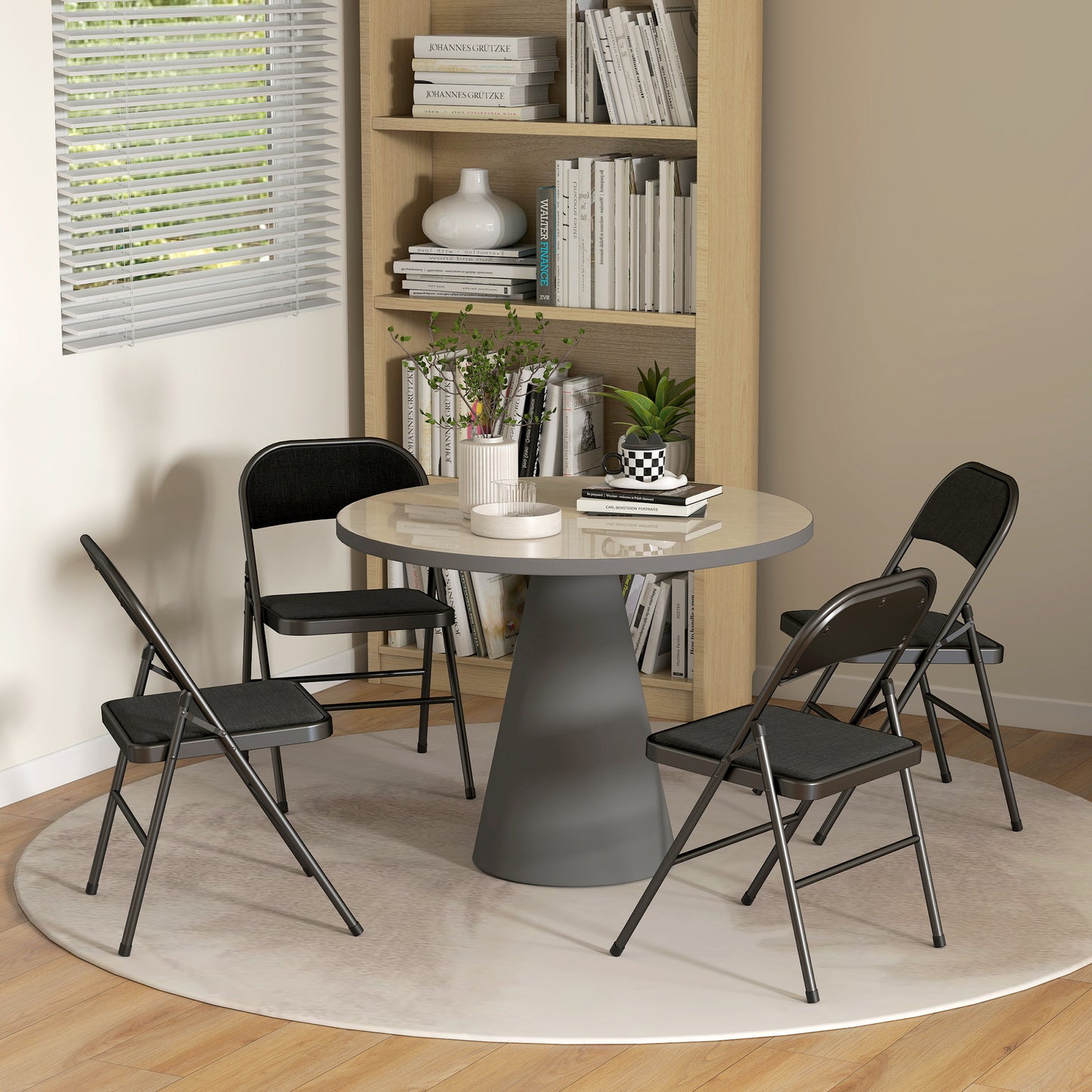 HOMCOM Linen Look Cushioned Folding Chairs Set Of Four Black With Steel Frames Indoor Or Outdoor Use