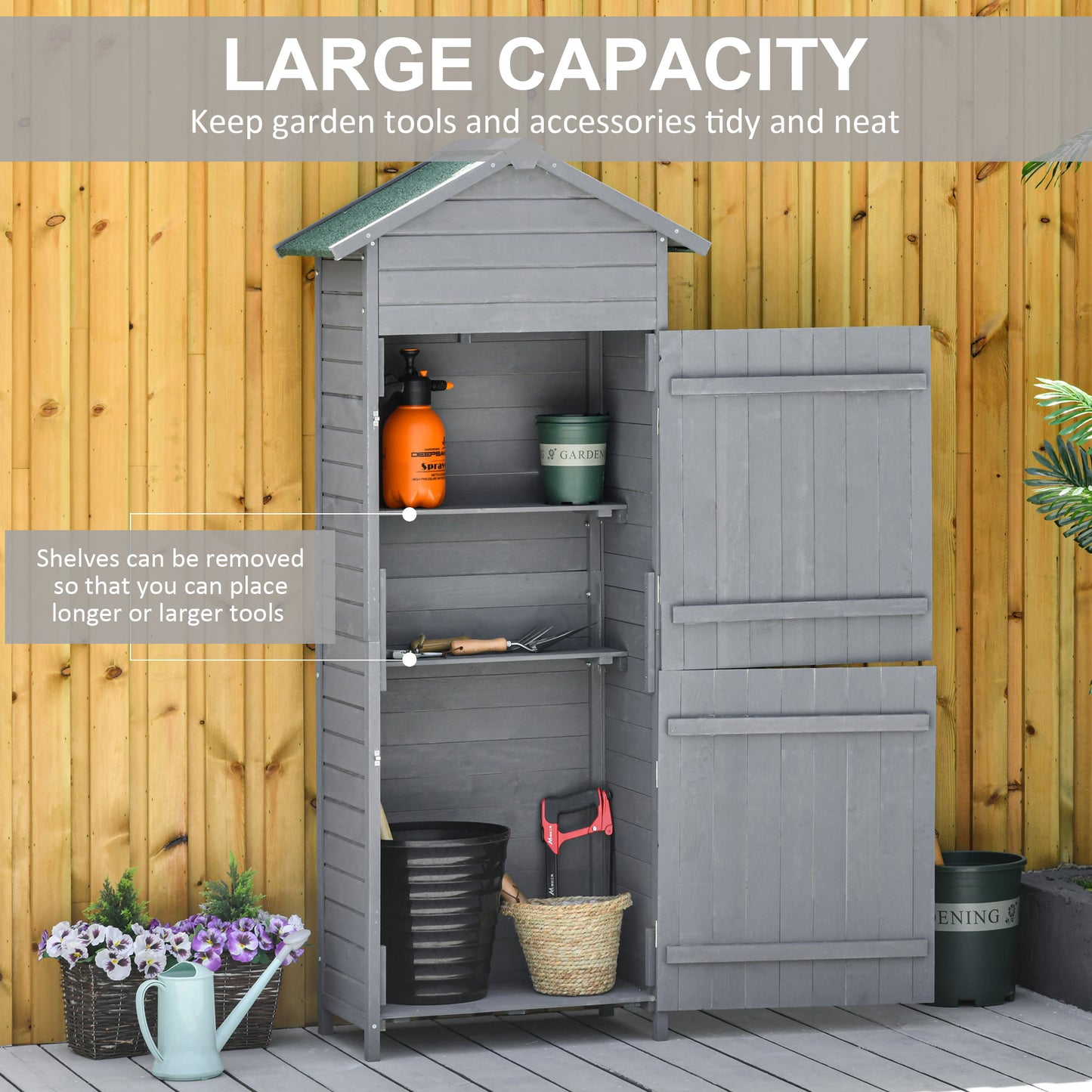 Outsunny Narrow Fir Wood Garden Storage Shed with Lockable Doors and Shelving, Grey - 189 x 82 x 49 cm - ALL4U RETAILER LTD