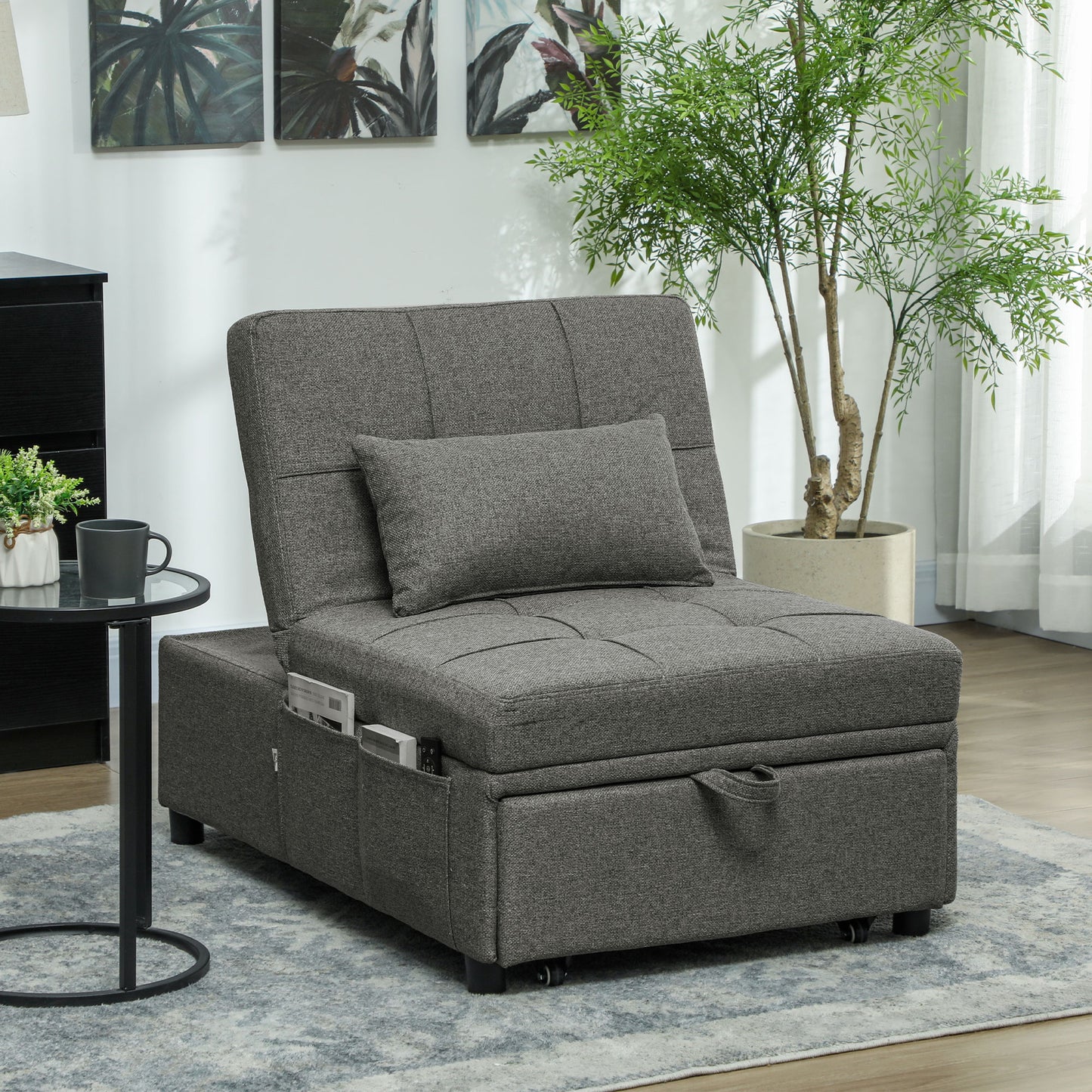 HOMCOM Four In One Sleeper Chair Bed With Recliner Chaise Lounge And Footrest 182cm Grey