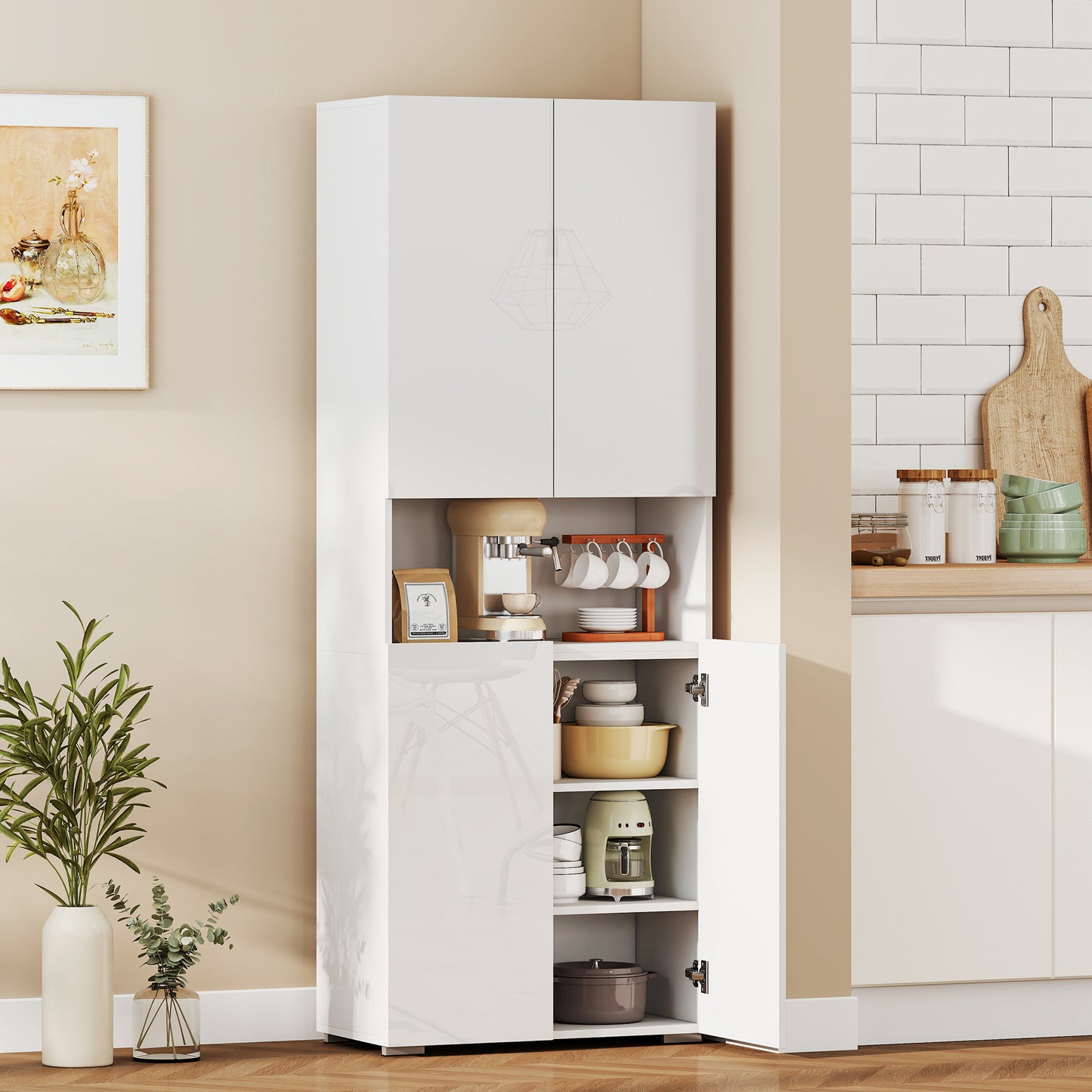 HOMCOM 180 Cm Tall Kitchen Cupboard Pantry Storage Cabinet With Soft Close Doors And Adjustable Shelves High Gloss White