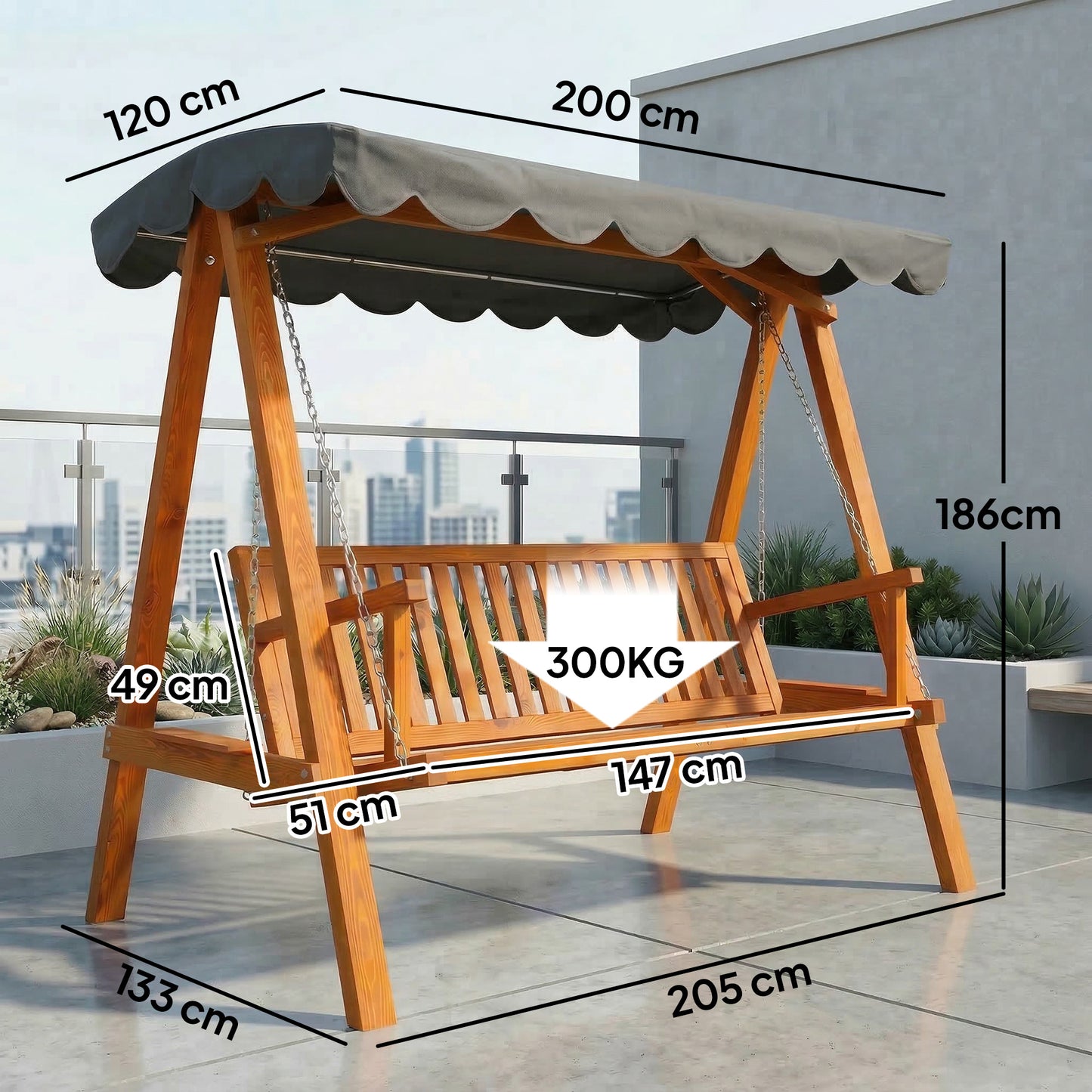 Outsunny 3 Seater Garden Swing Chair With Canopy Outdoor Wooden Swing Hammock Bench Balcony Patio Porch Dark Grey