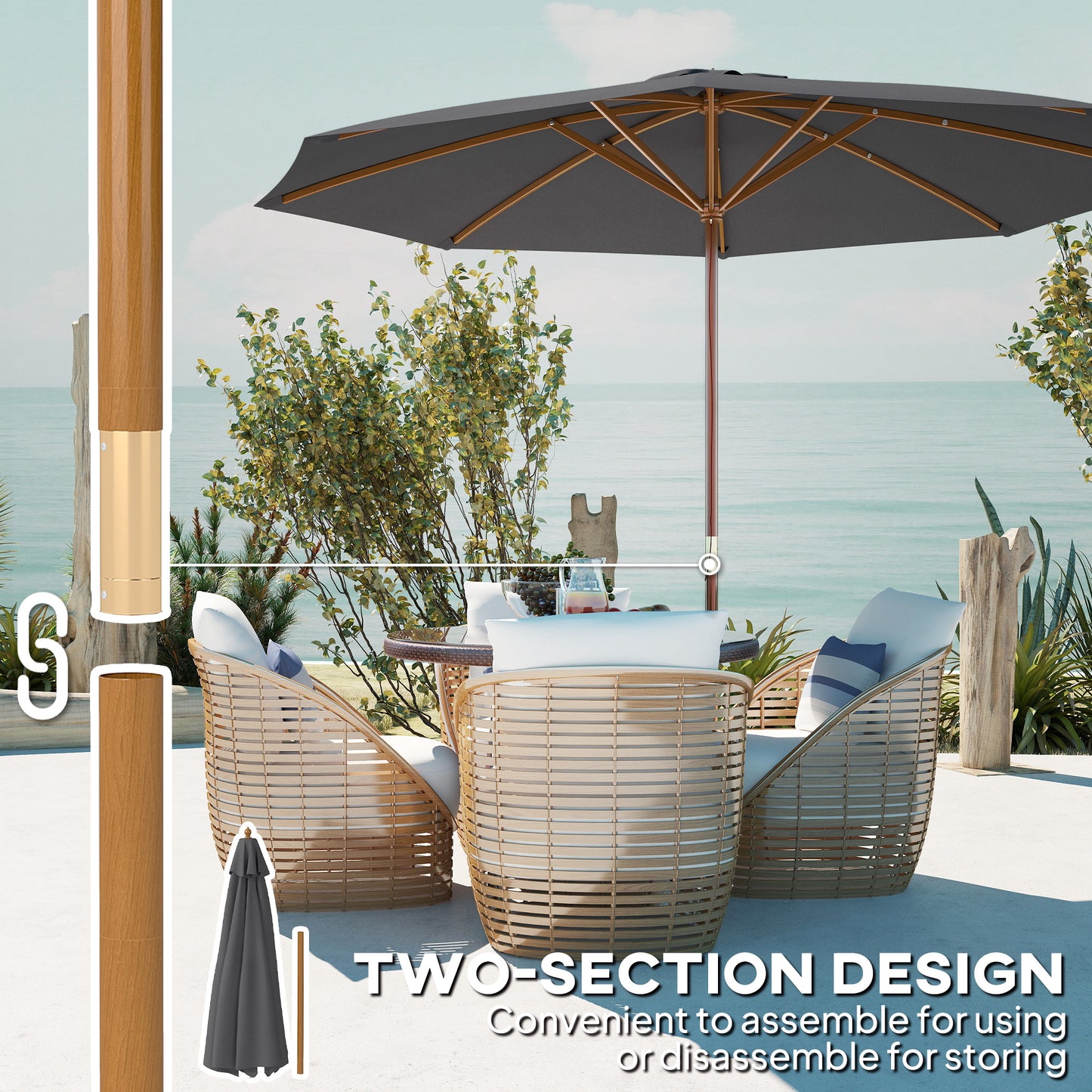 Outsunny 3m Wood Pole Parasol Umbrella Grey With Vented Canopy And Rope Pull Mechanism