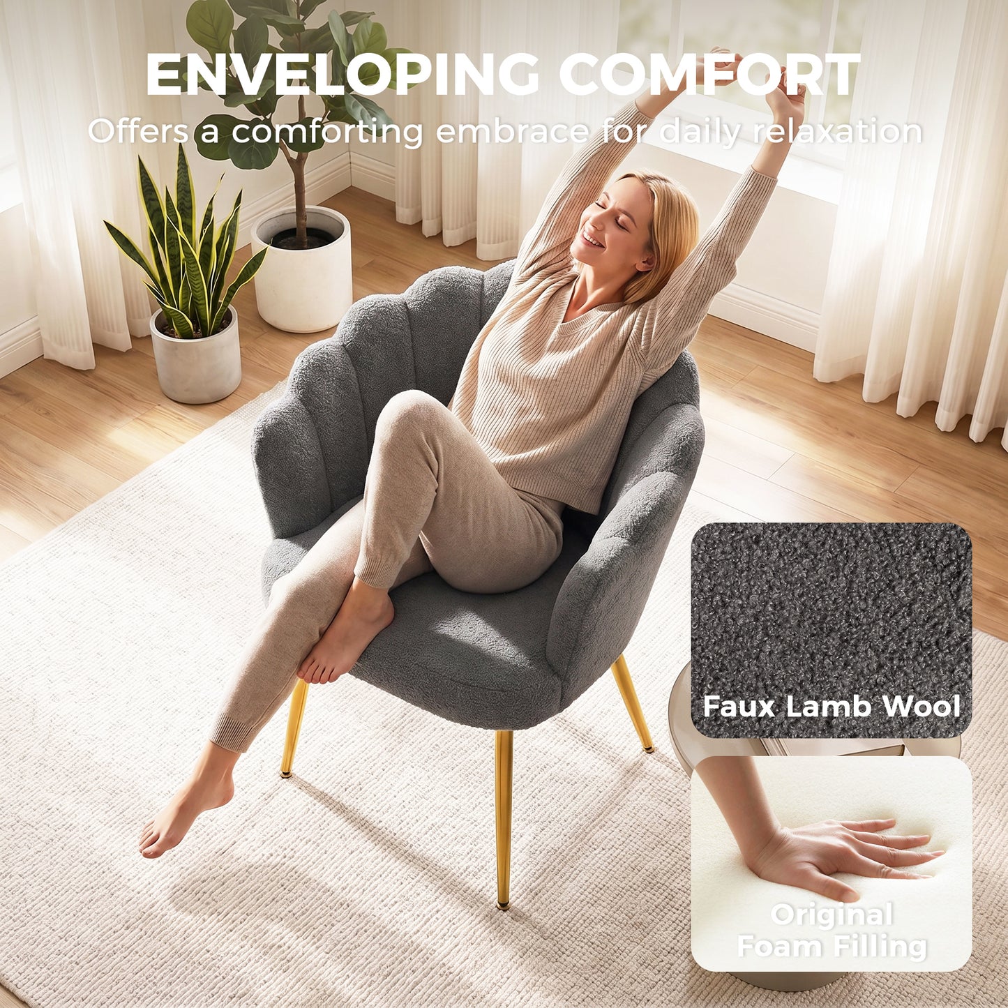 HOMCOM Petal Back Lounge Chair With Metal Legs For Living Room And Bedroom With Grey Finish