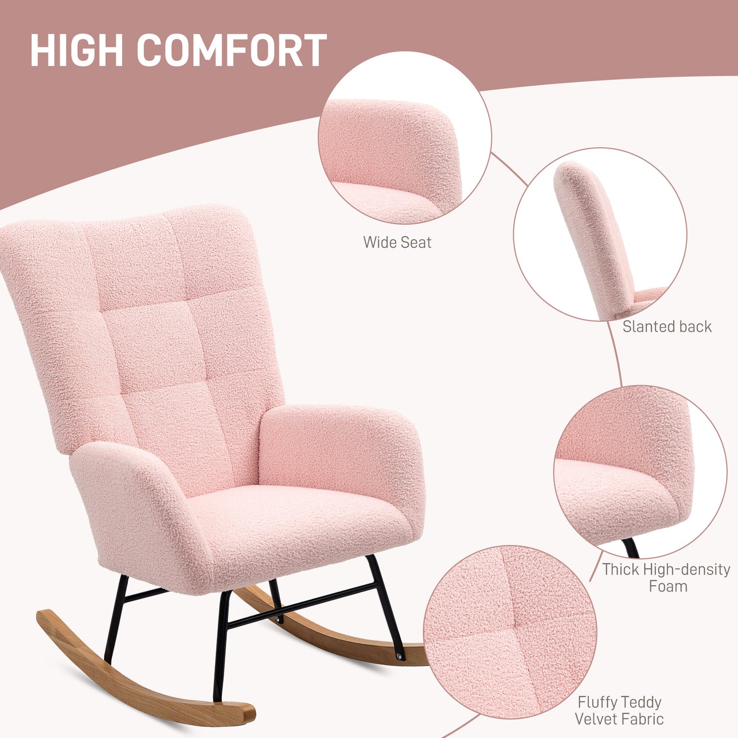HOMCOM Teddy Fleece Rocking Chair Pink With Wood Feet Plush Upholstery For Comfort