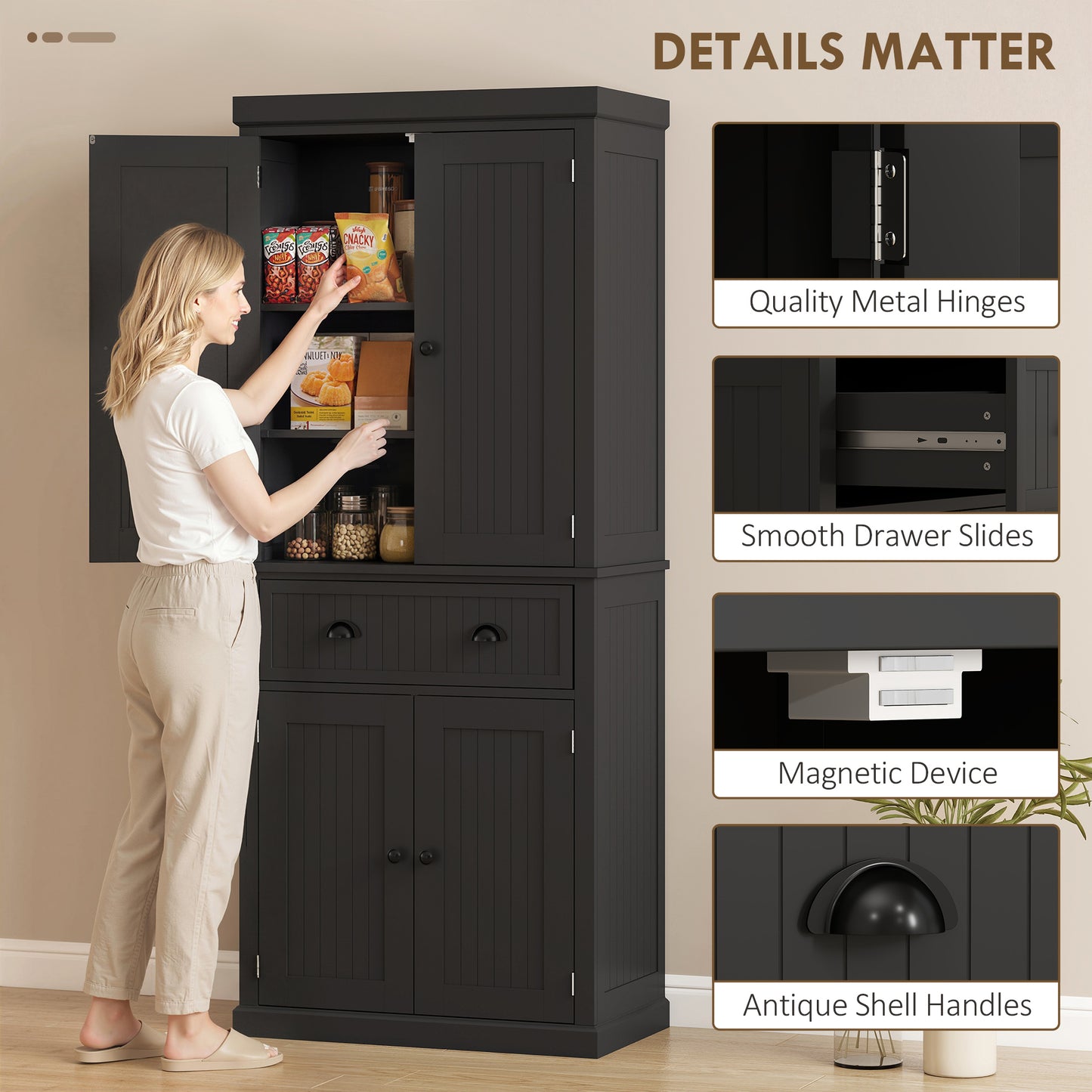 HOMCOM Kitchen Storage Cabinet with 4 Doors and Adjustable Shelves Tall Larder Pantry in Black MDF Construction