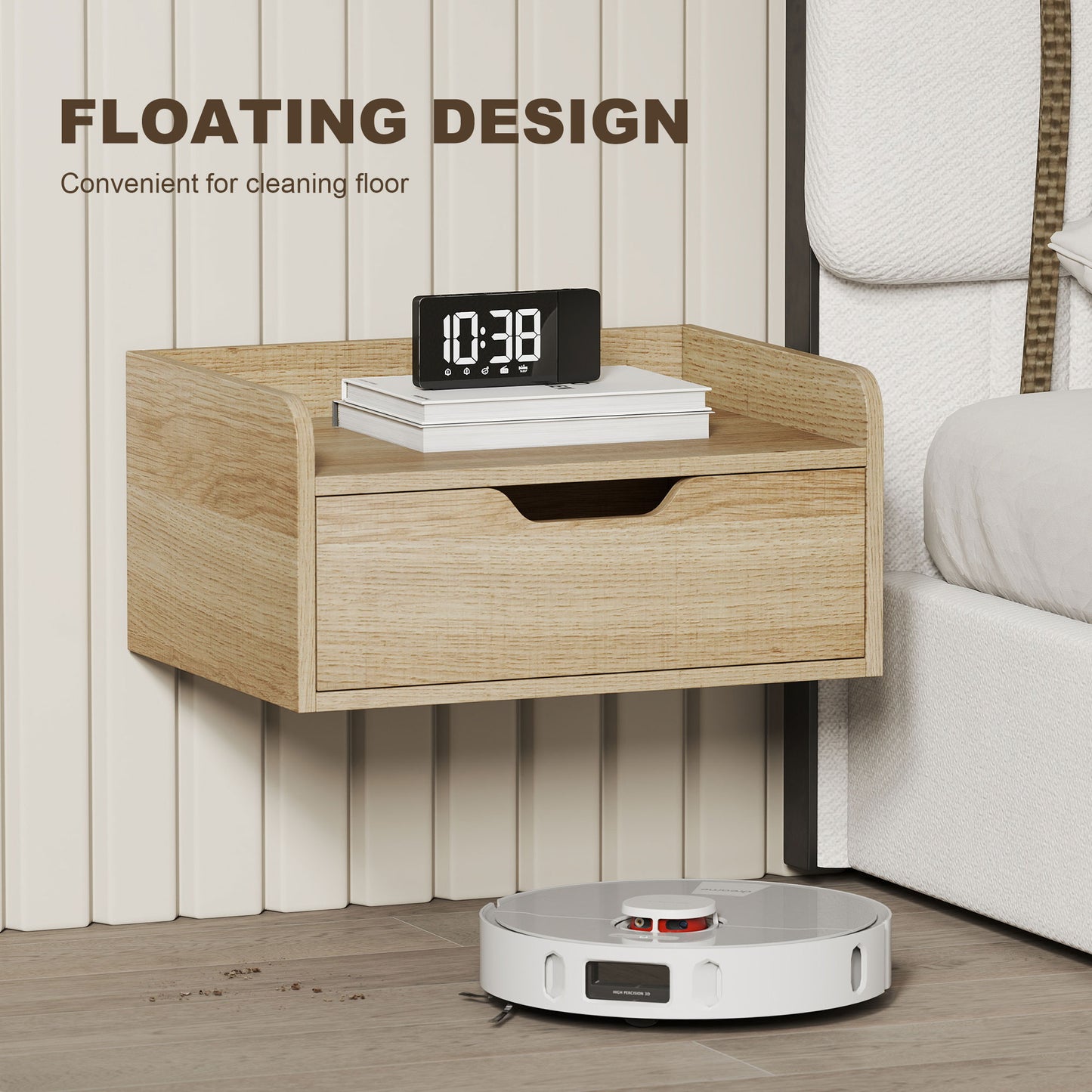 HOMCOM Floating Nightstands Set Of 2 Wall Mounted Bedside Tables With Drawer And Shelf Natural Wood