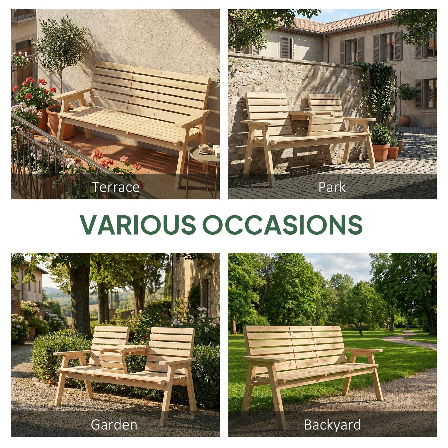 Outsunny Convertible Fir Wood Garden Bench 2 To 3 Seater With Table Natural Wood Finish