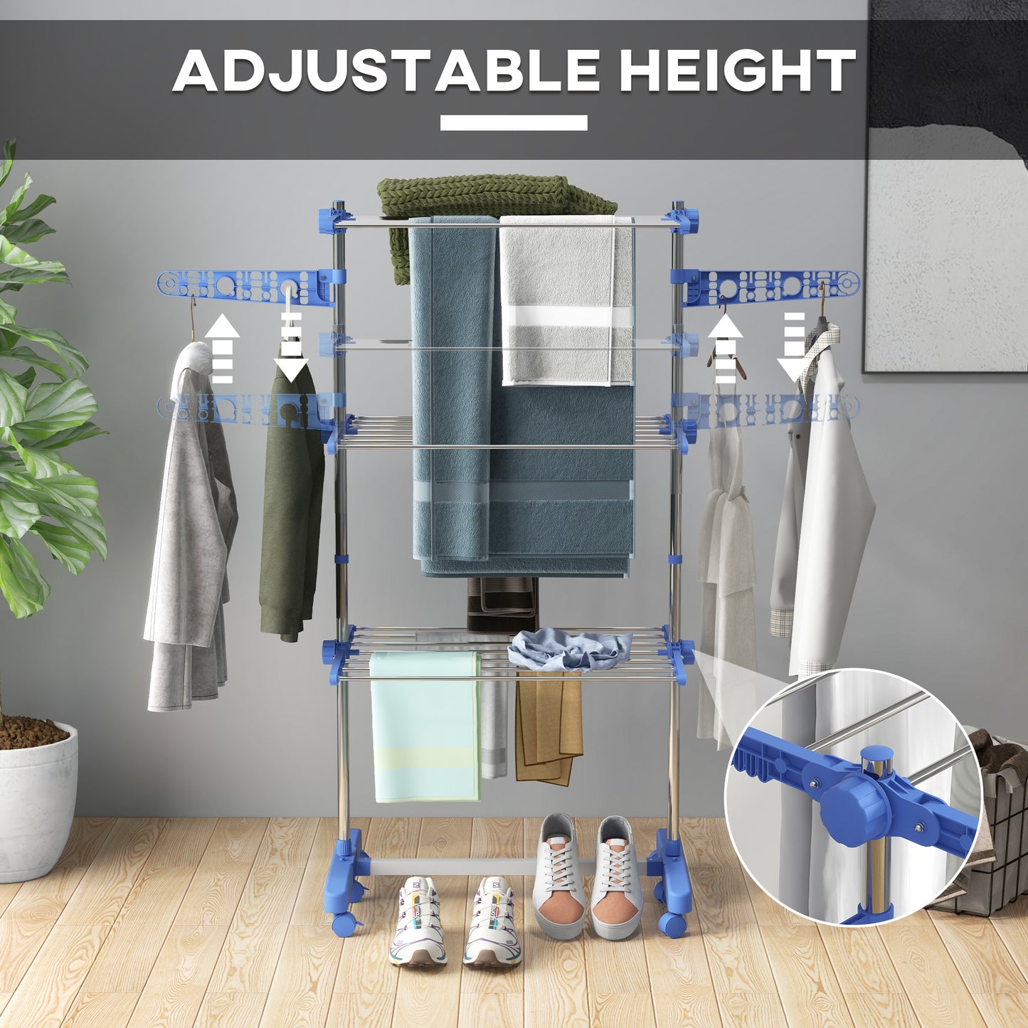 HOMCOM Three Shelf Collapsible Clothes Horse With Side Arms And Wheels In Blue For Easy Drying