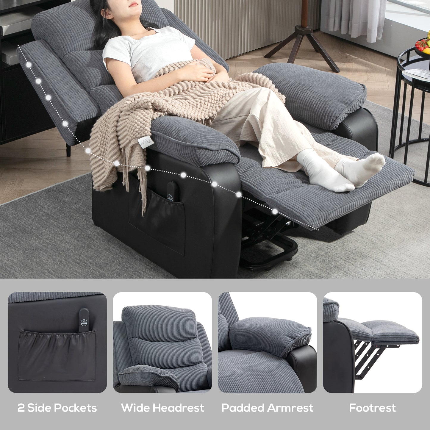 HOMCOM Overstuffed Corduroy Electric Lift Chair Dark Grey with USB Port and Recline to 150 Degrees