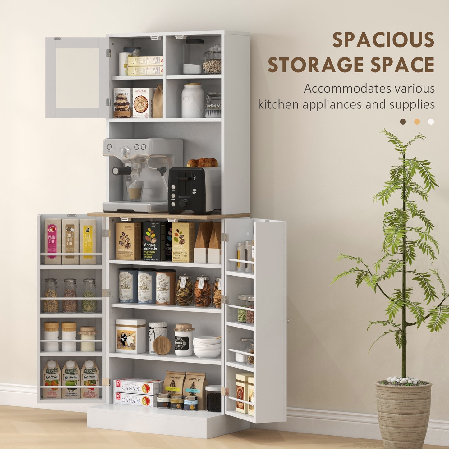 HOMCOM Two Part Kitchen Storage Cabinet White Pantry Cupboard With Microwave Compartment And Multiple Shelves