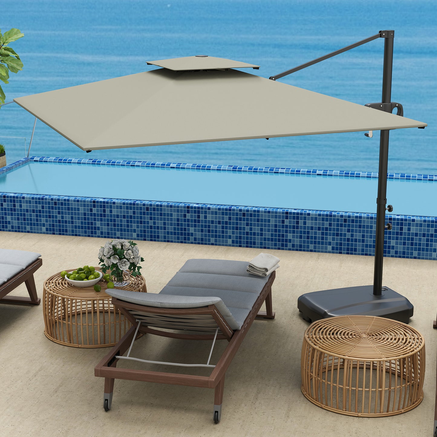 Outsunny Cantilever Parasol With Weighted Base Double Top Square Hanging Patio Umbrella Crank Tilt Light Grey