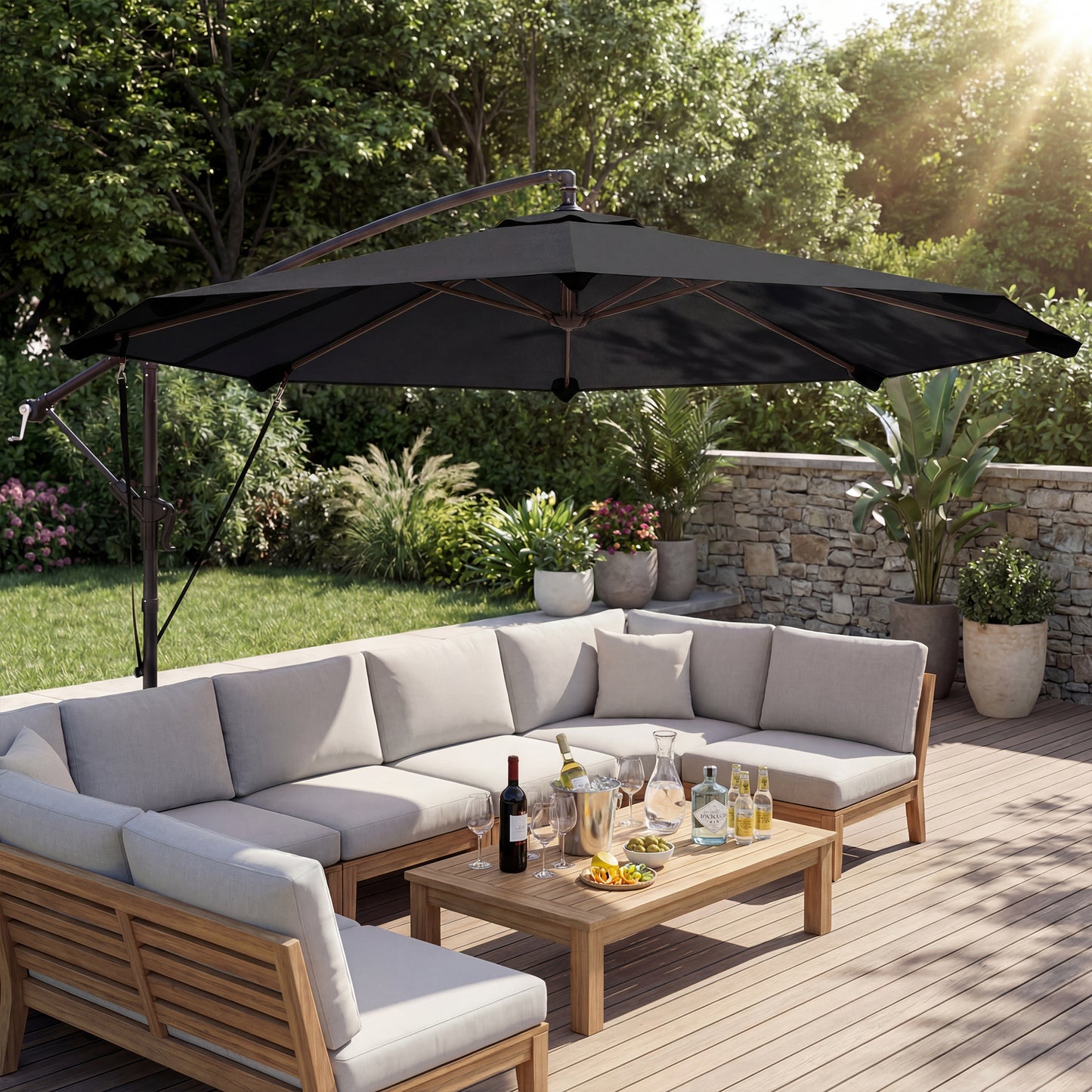 Outsunny 3m Cantilever Parasol With Protective Cover And Wind Ropes Banana Parasol With Crank Handle Black