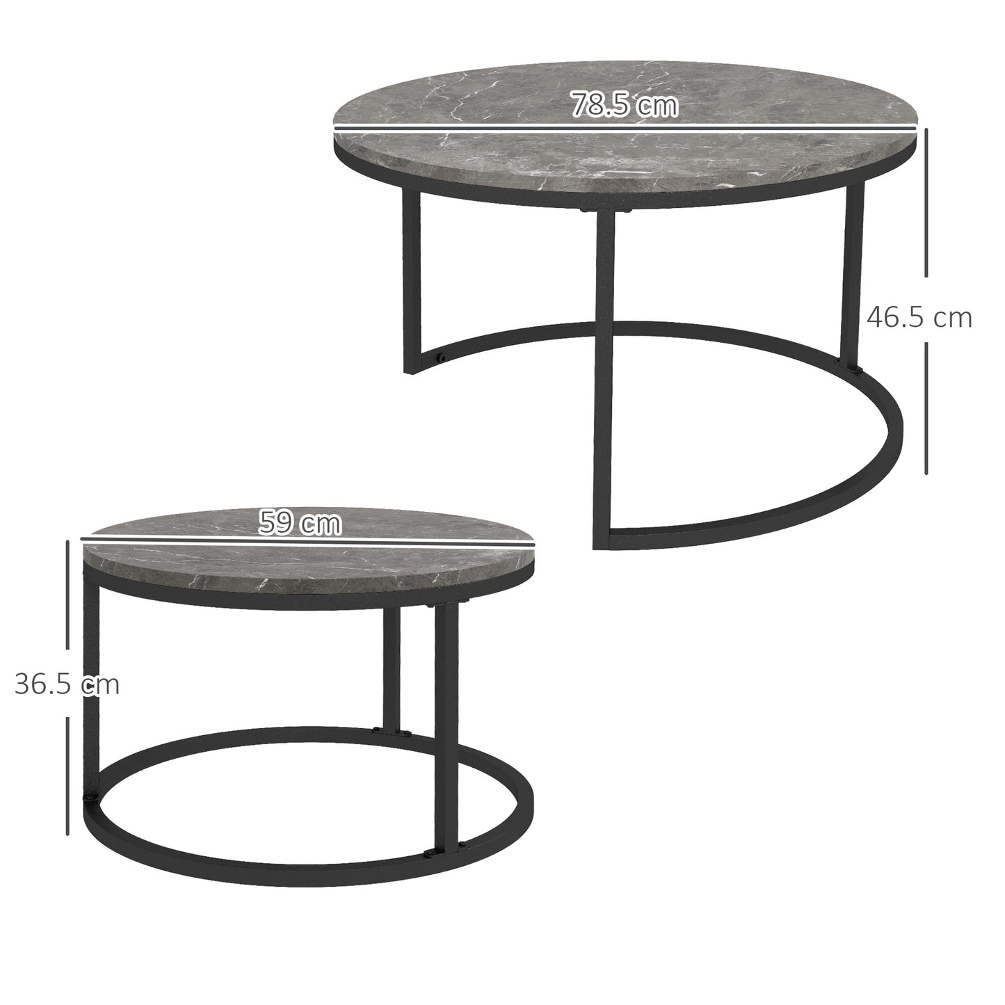 HOMCOM Set of 2 Round Industrial Nesting Coffee Tables with Faux Marble Tops and Sturdy Steel Frames - ALL4U RETAILER LTD