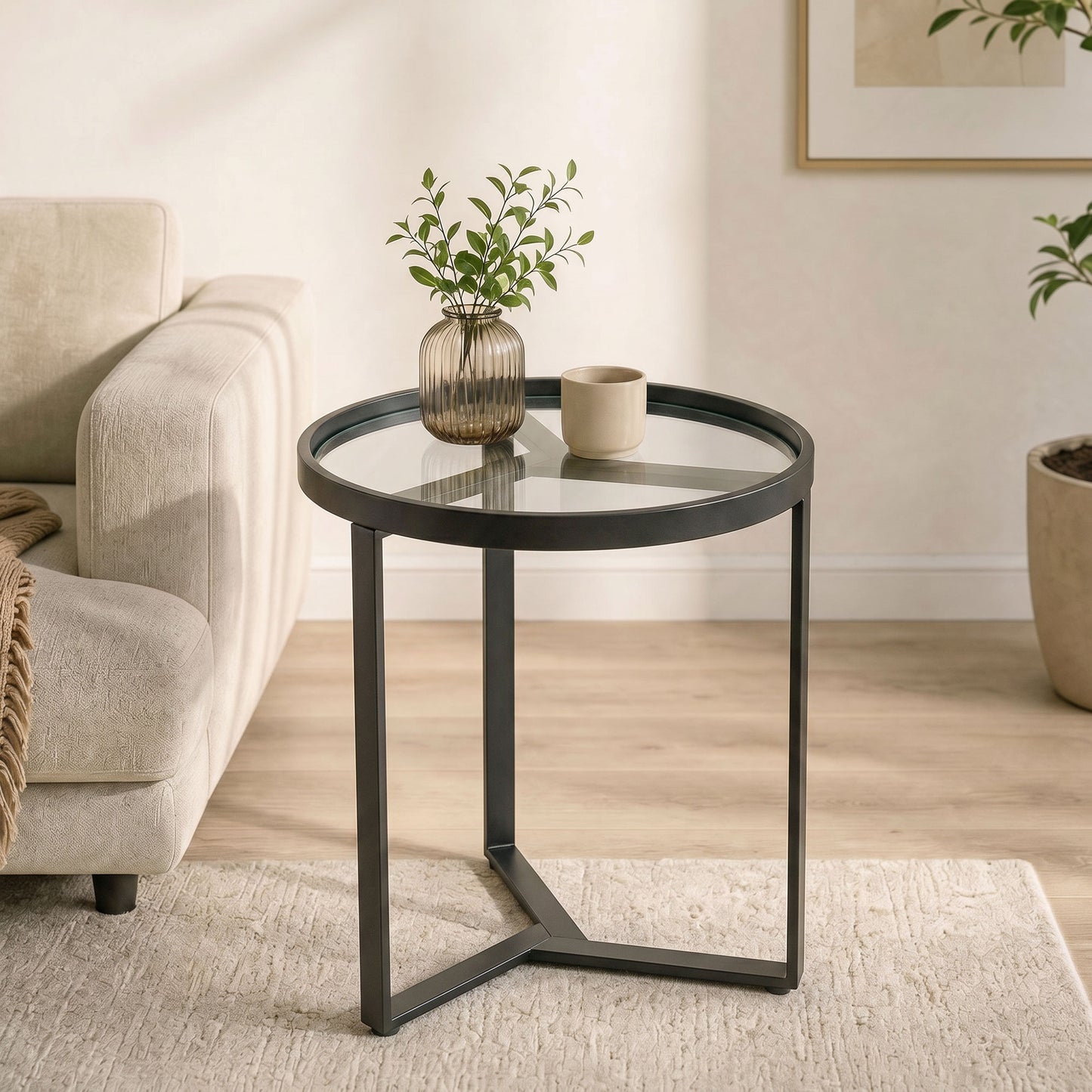 HOMCOM Round Side Table With Tempered Glass Top And Geometric Metal Frame For Small Spaces Black
