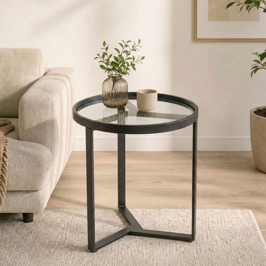 HOMCOM Round Side Table With Tempered Glass Top And Geometric Metal Frame For Small Spaces Black