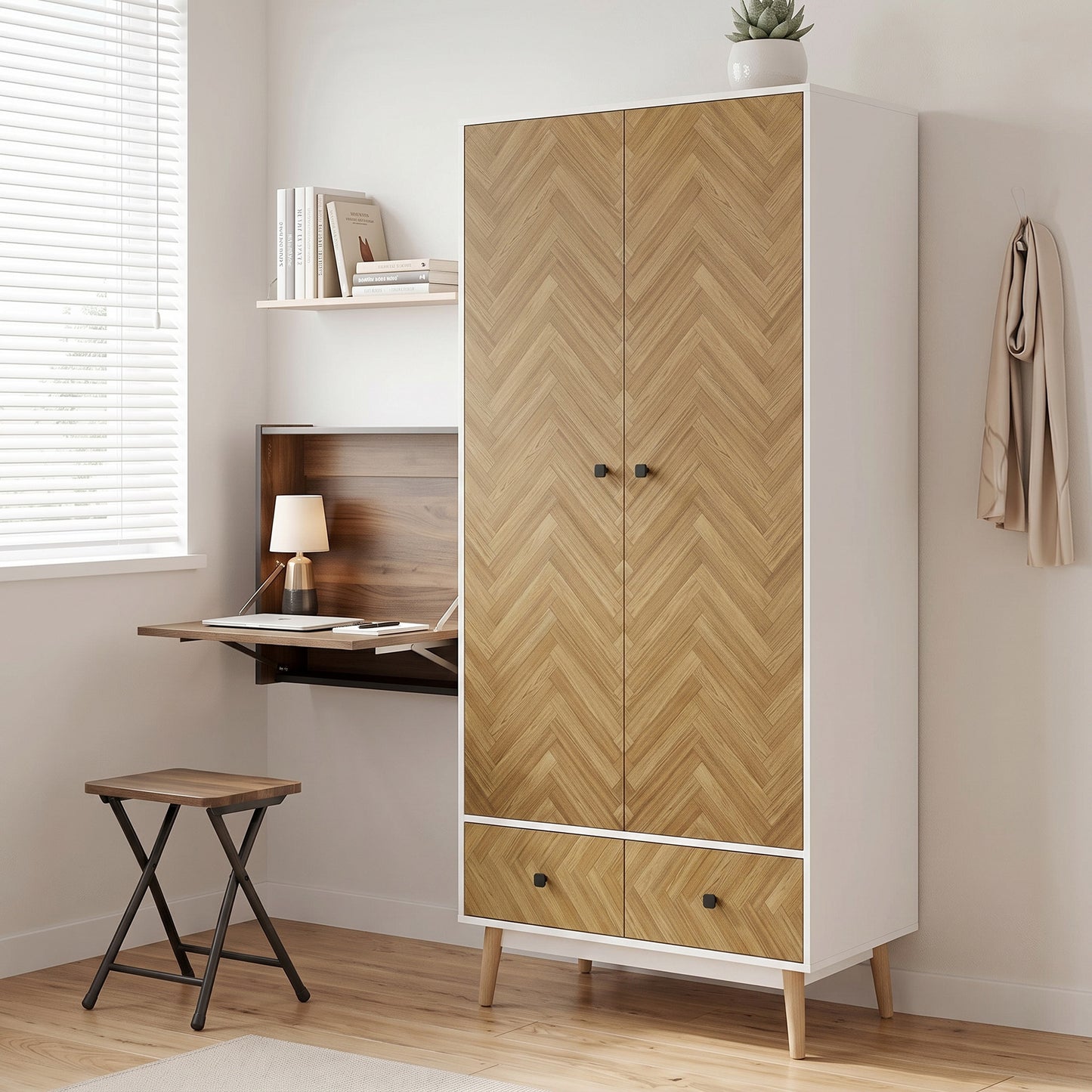 HOMCOM White Wood Effect Wardrobe Cabinet With 2 Hanging Rods 2 Storage Shelves And 2 Drawers