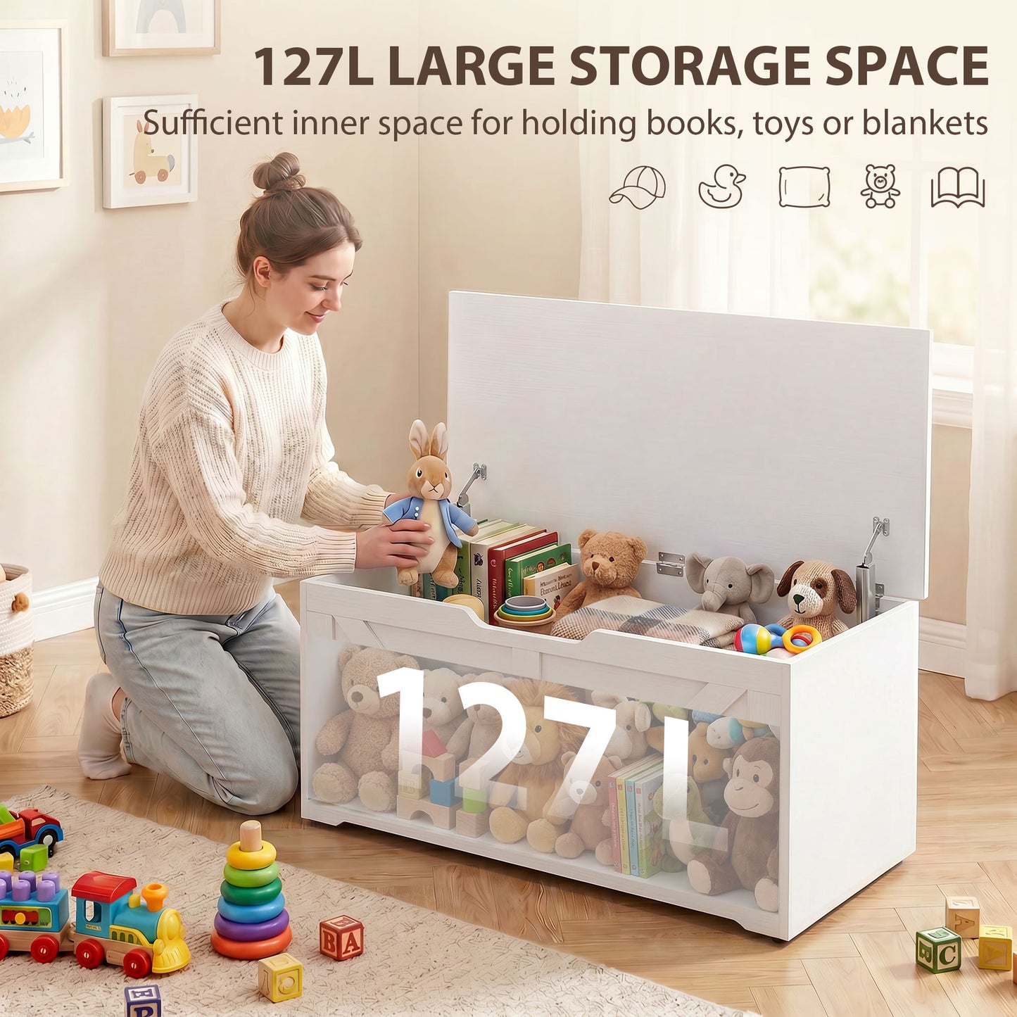 HOMCOM 127L Home Storage Trunk With Safety Hinges White Wood Effect Spacious Blanket Box And Seat